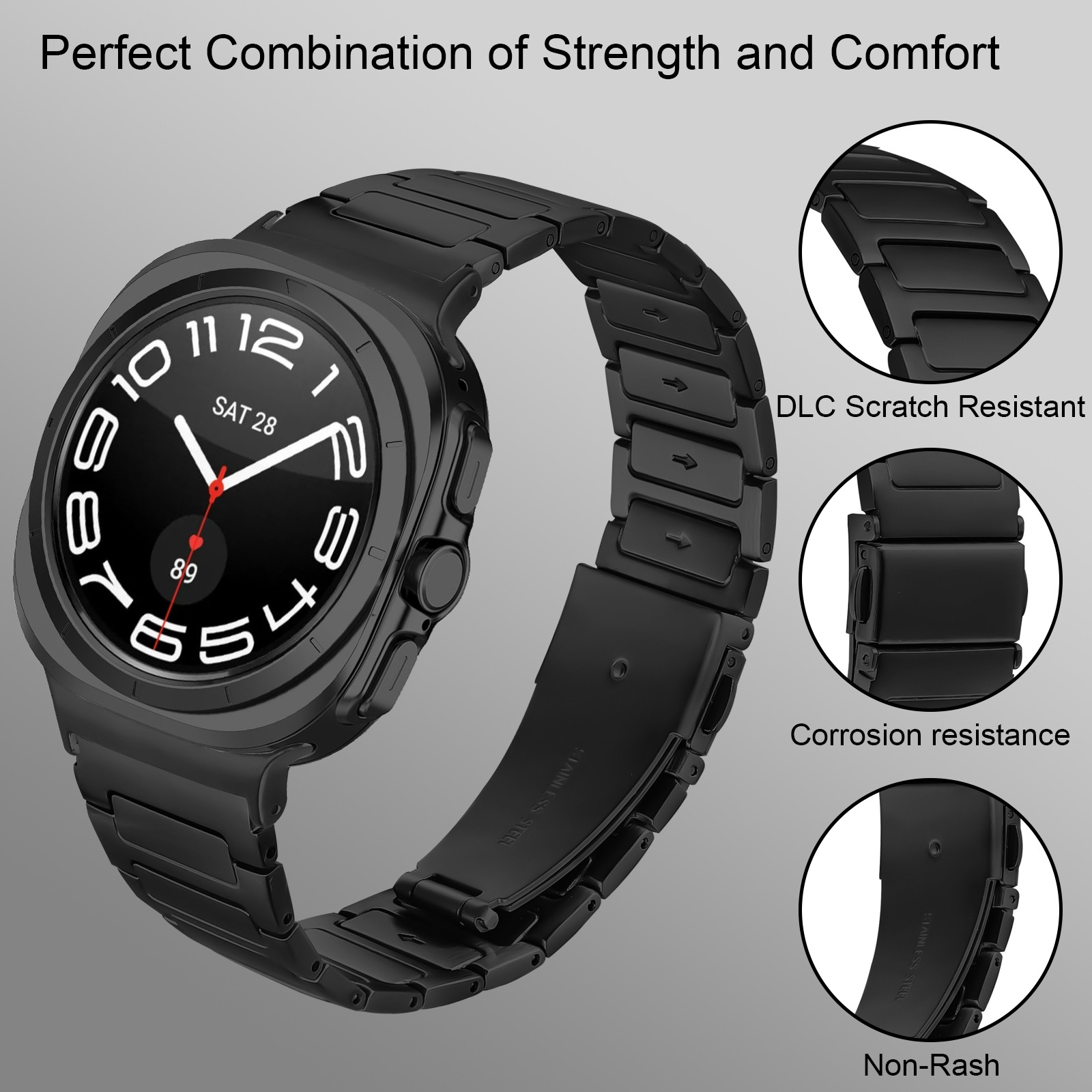 Eine schwarze Smartwatch mit schwarzem Armband und Nahaufnahme des Armbands, das seine Eigenschaften zeigt.