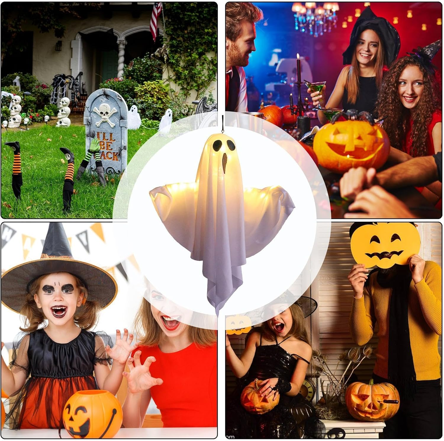 Collage von Halloween-Szenen. Geist, Leute in Kostümen, Kürbisse und Friedhof. Outdoor- und Indoor-Szenen.