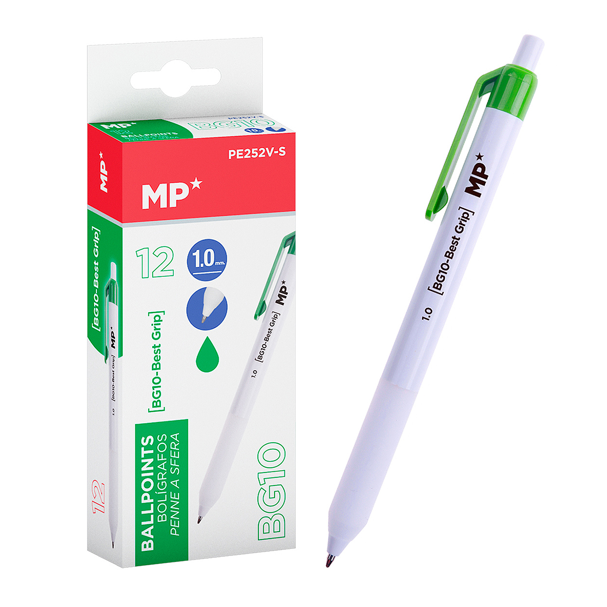 Una penna bianca e verde con una scatola. La scatola è rossa e bianca, con l'immagine di una penna.