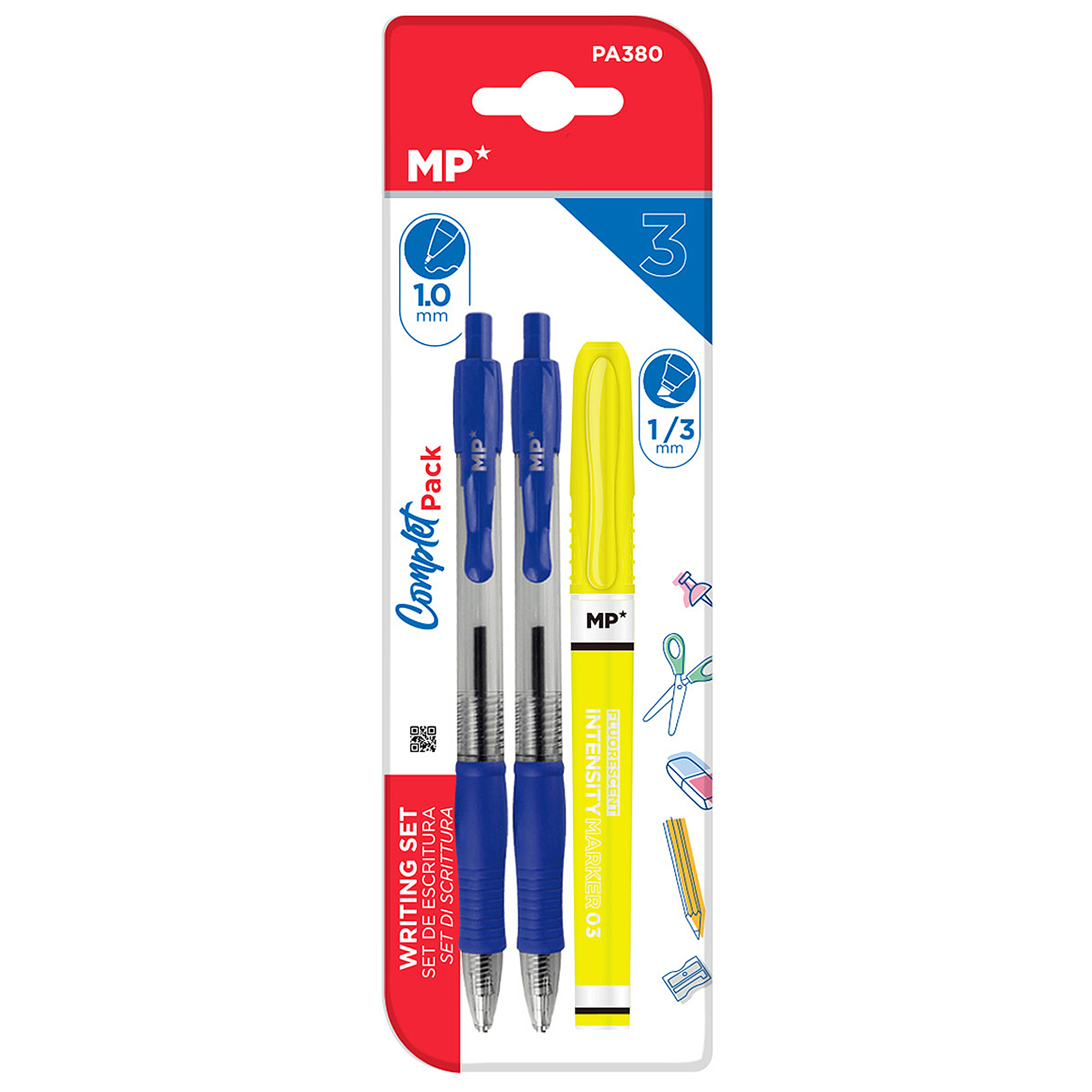 Eine Packung mit drei Stiften, zwei blauen und einem gelben, wobei die Packung ein Diagramm und Symbole zeigt.