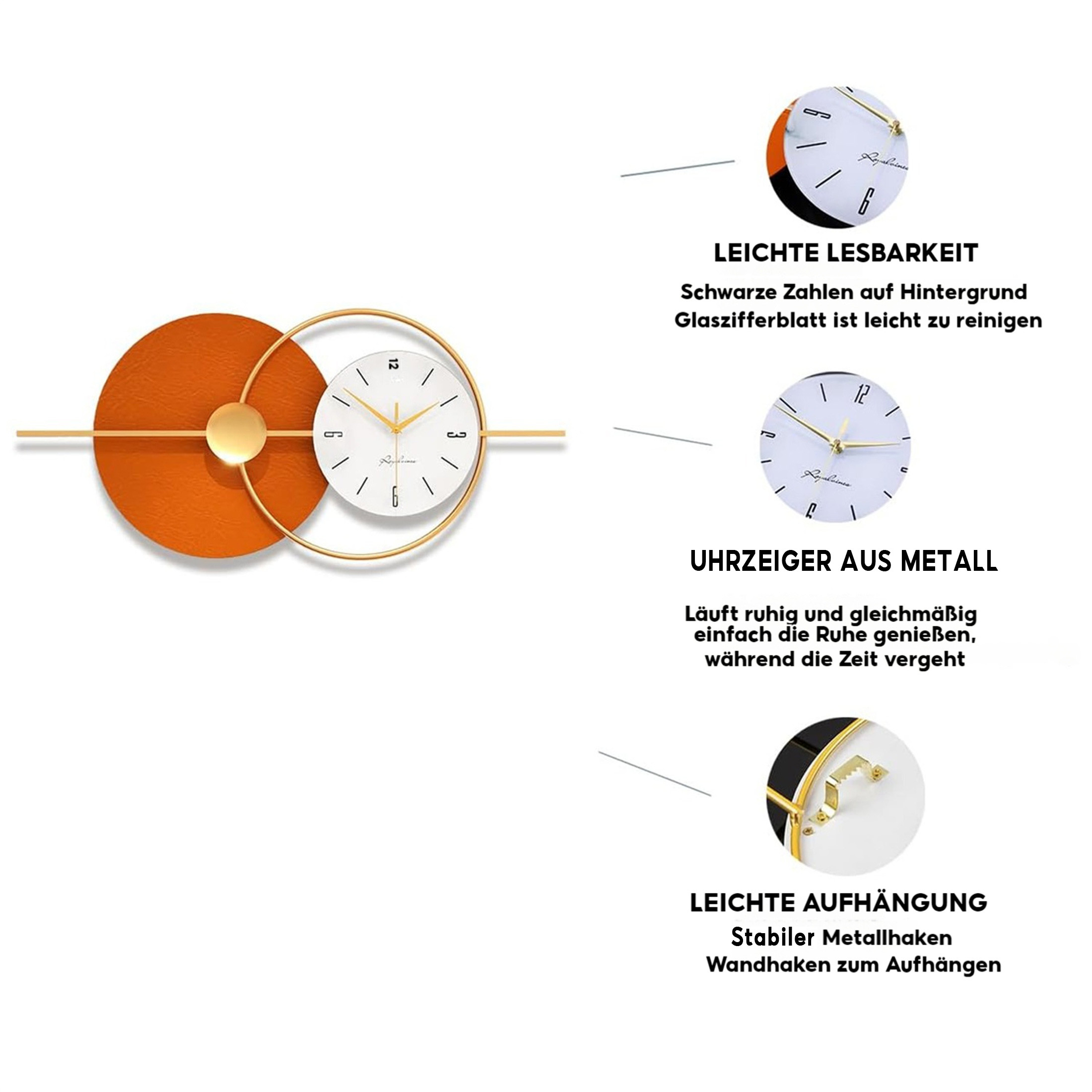 Nahaufnahme einer Wanduhr mit orangefarbenem Kreis und weißem Zifferblatt. Text auf Deutsch.