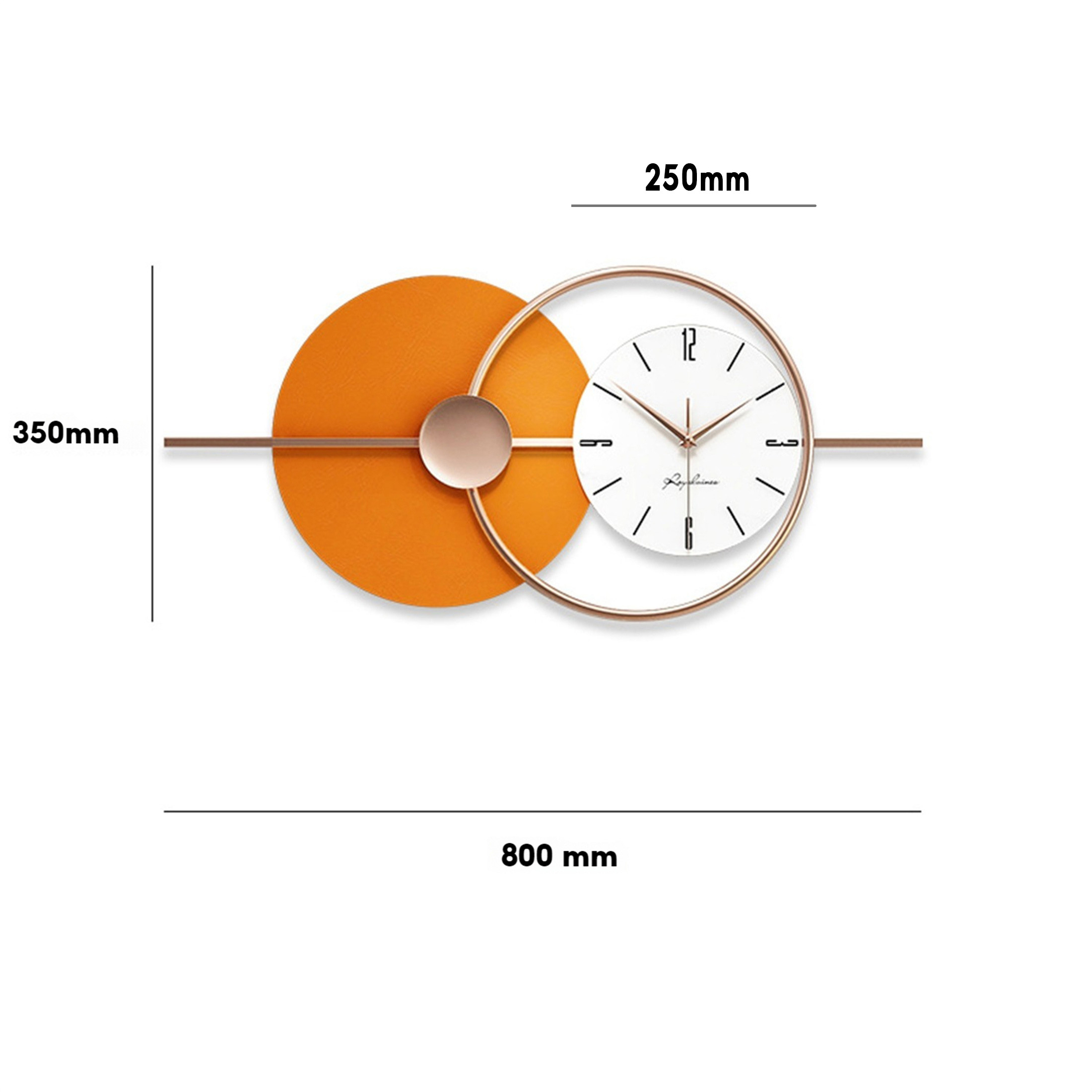 Eine Wanduhr mit einem orangefarbenen Kreis und einem weißen Zifferblatt. Abmessungen in mm angegeben.