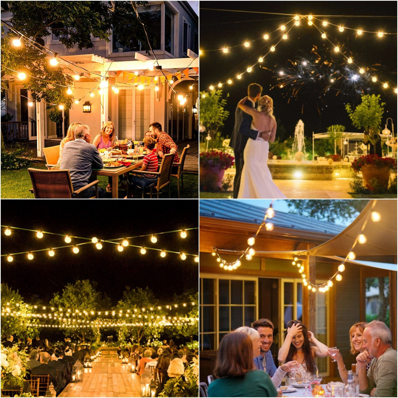 Vier Bilder von Lichterketten in verschiedenen Außenbereichen: ein Abendessen, eine Hochzeit, eine Party und eine intime Umgebung.