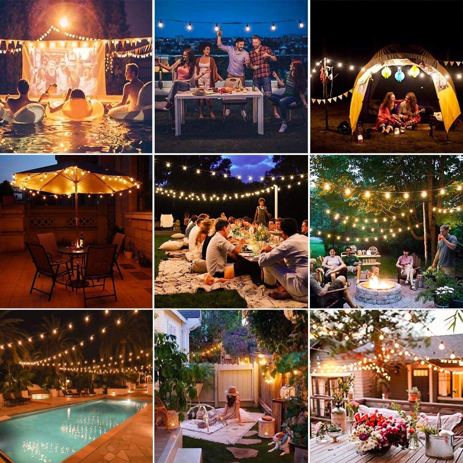 Eine Collage von Outdoor-Partyszenen mit Lichterketten. Menschen essen, trinken und genießen die Lichter.