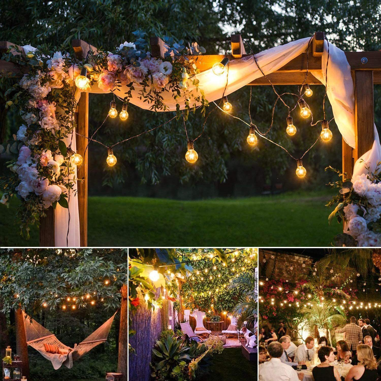 Mehrere Bilder mit Lichterketten in Außenbereichen, um eine Pergola und in einem Garten mit einer Hängematte.