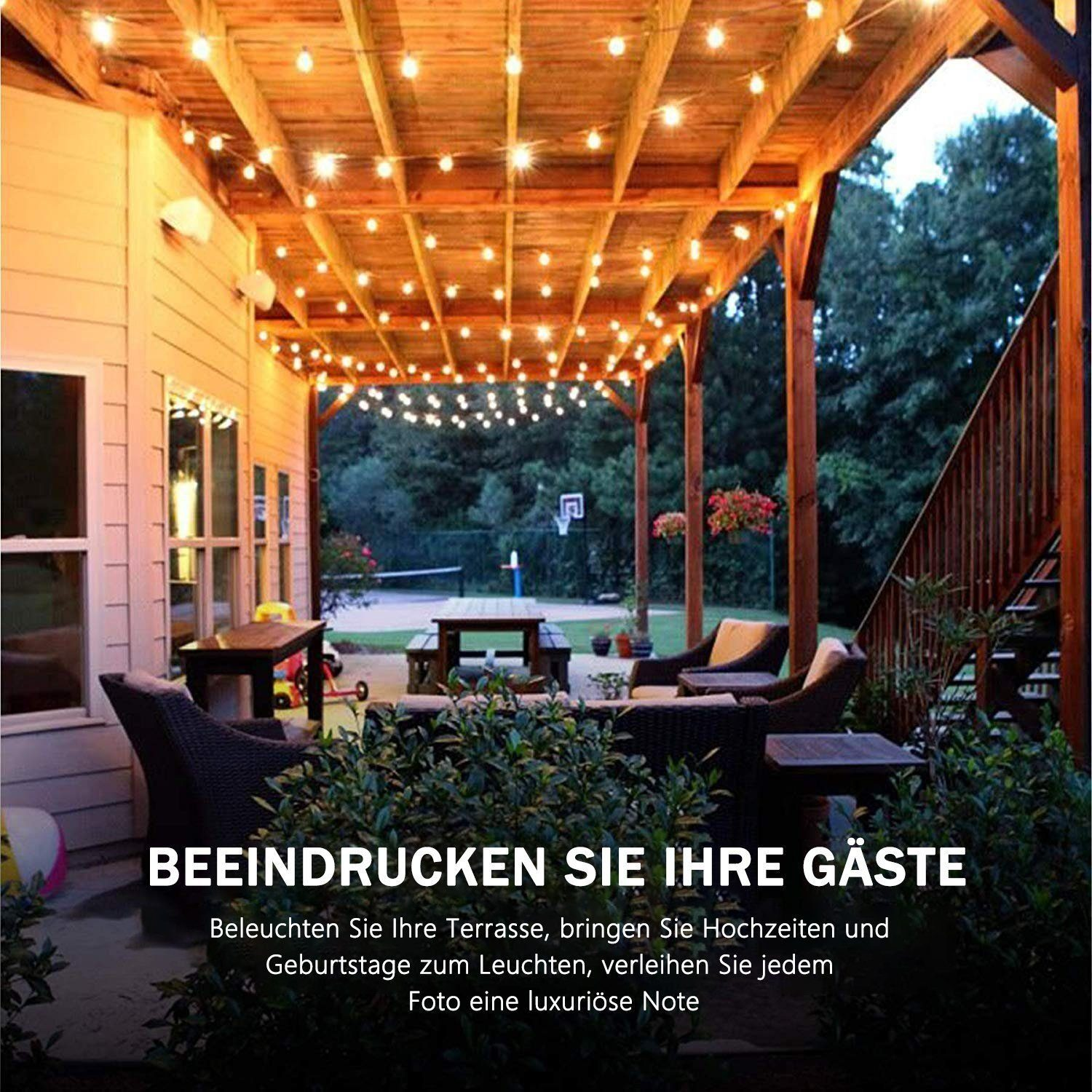 Eine Terrasse mit Lichterketten. Es gibt Tische, Stühle und Pflanzen. Der Text 'BEENDRUCKEN SIE IHRE GÄSTE' ist vorhanden.