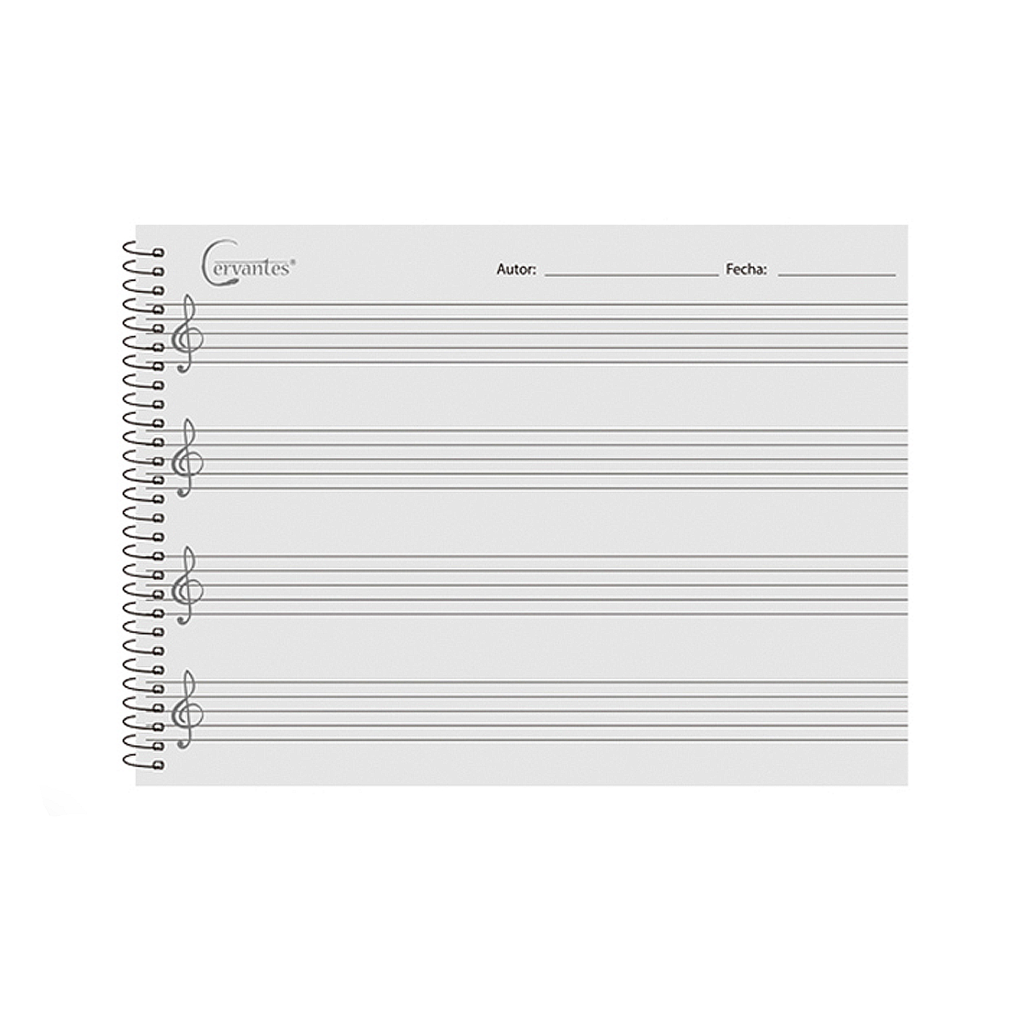 Ein Spiral-Notenheft mit Violinschlüssel und Linien. Das Cover zeigt 'Cervantes' und Noten.