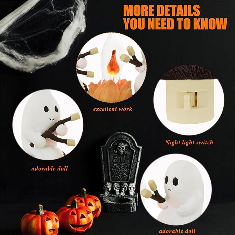 Halloween-Dekoration mit Geisterfiguren, Kürbissen und Details eines Nachtlichts.