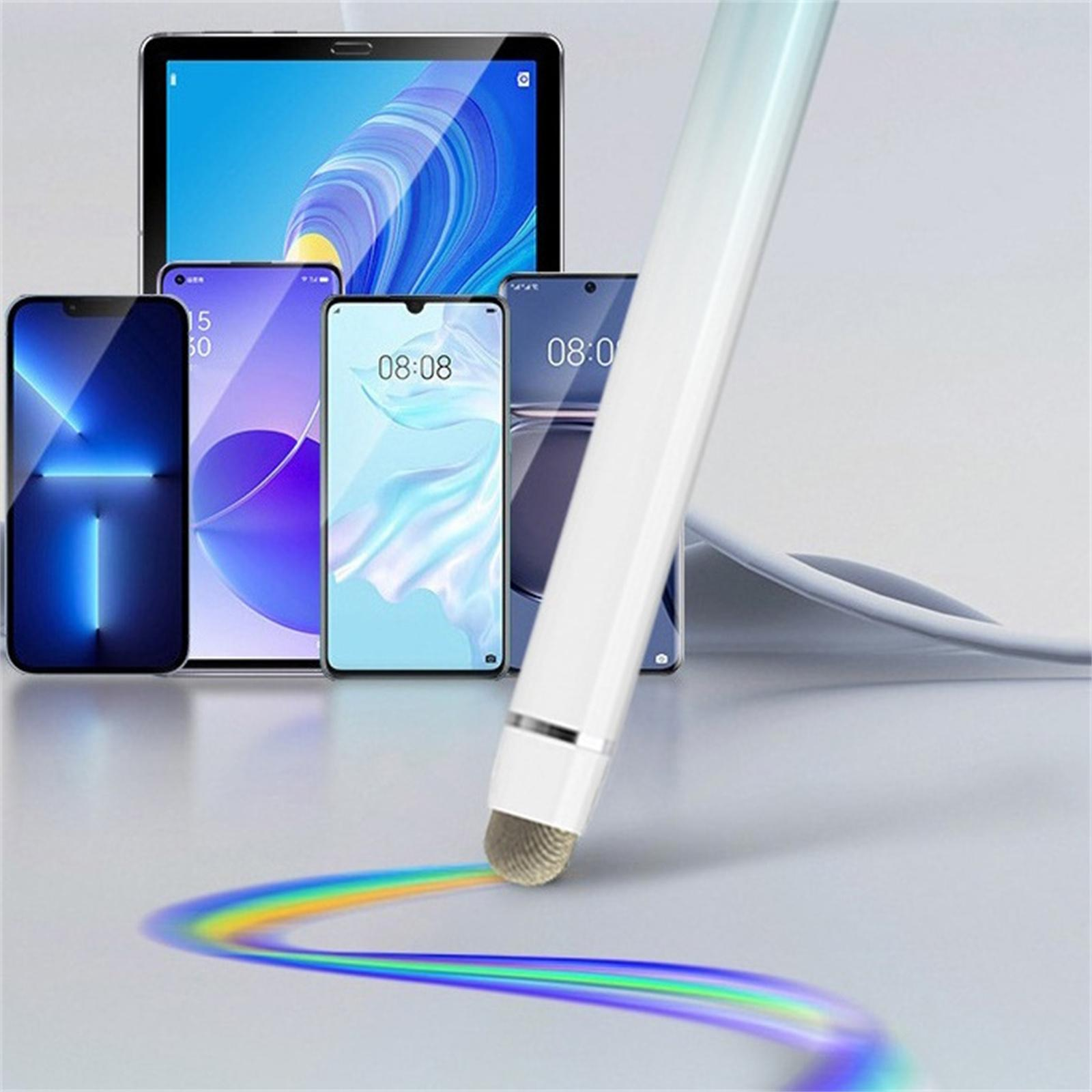 Ein weißer Stift und mehrere Smartphones und Tablets. Der Stift zeichnet einen Regenbogen.