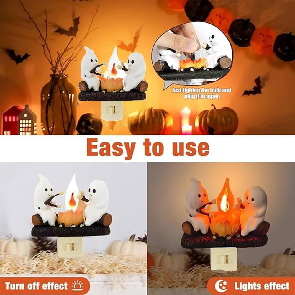 Halloween-Licht mit Geisterfiguren um ein Lagerfeuer. Kürbisse und Fledermäuse sind im Hintergrund.