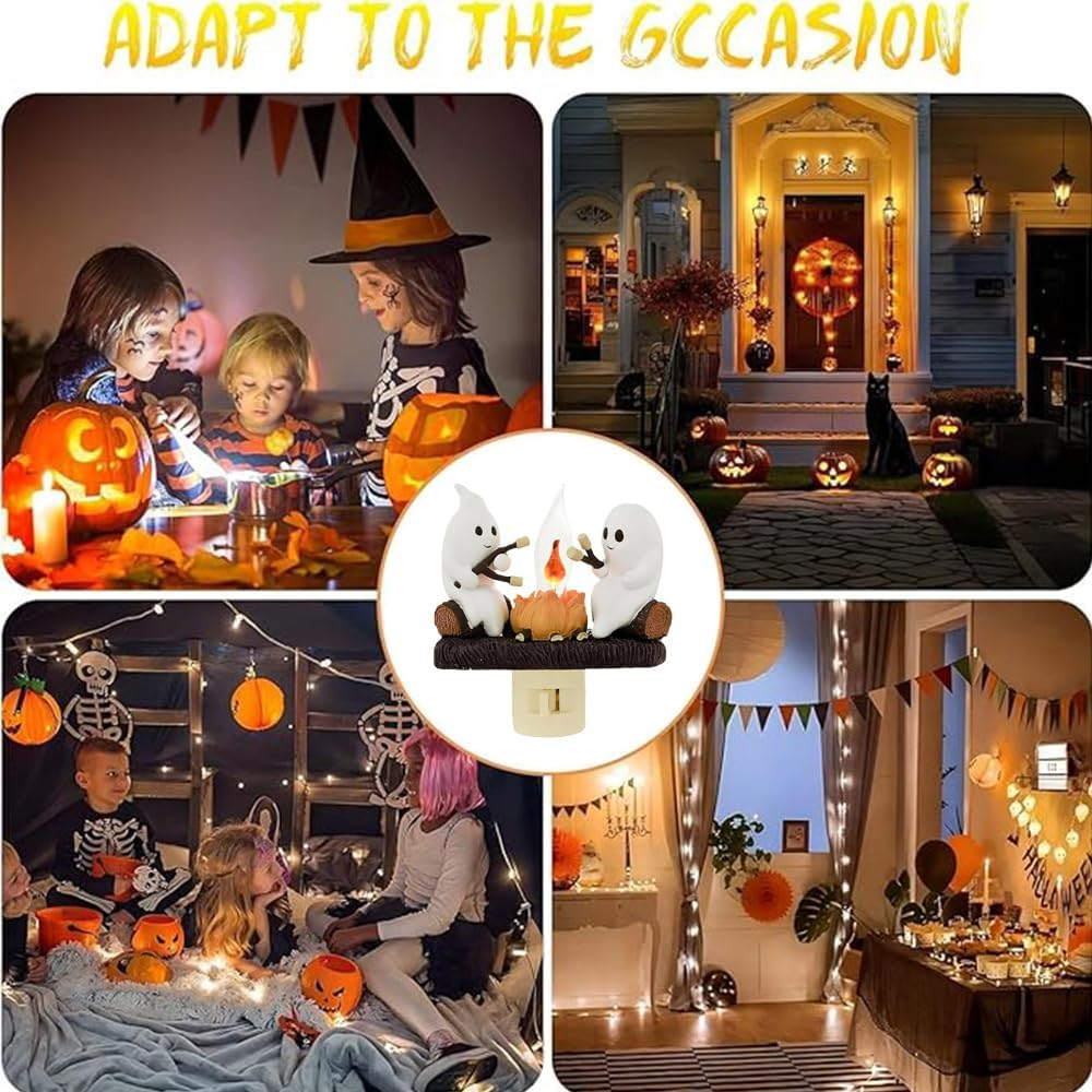 Eine Collage von Halloween-Szenen: Kinder in Kostümen, ein dekoriertes Haus und eine Inneneinrichtung.
