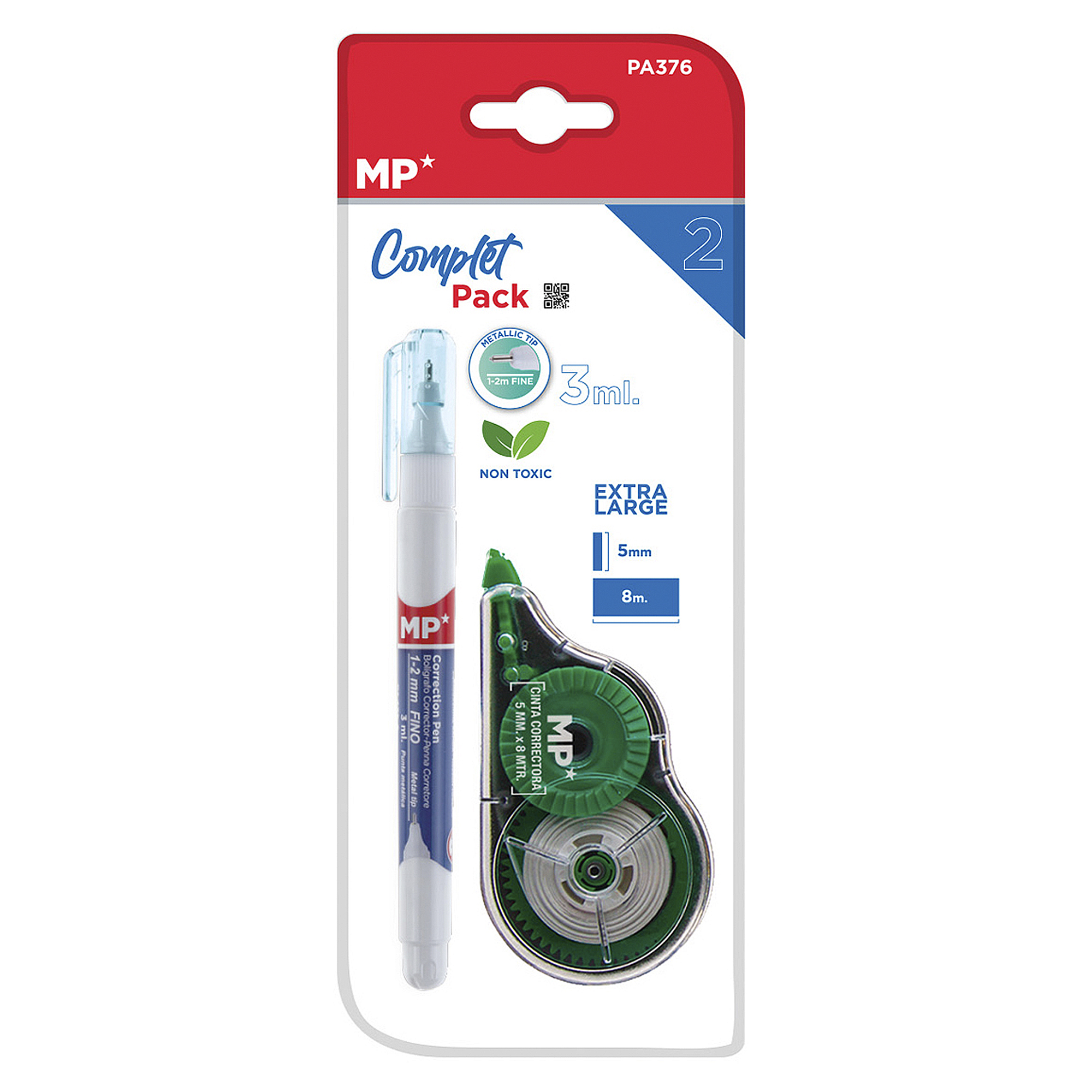Korrekturstift und Korrekturband-Packung. Der Stift ist weiß mit blauen Akzenten. Inklusive Bandabroller.