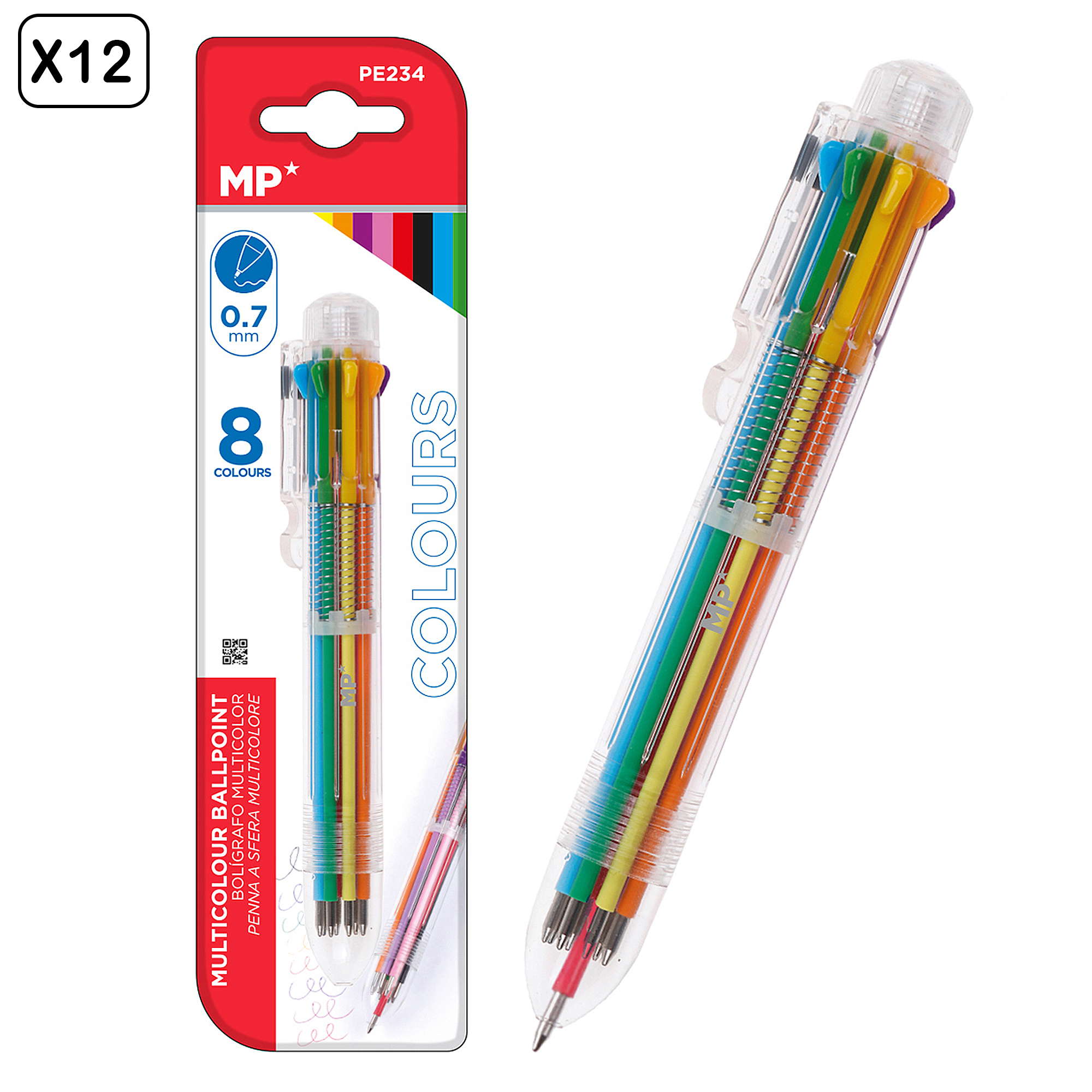 Una penna multicolore con otto diversi colori di inchiostro, mostrata aperta e chiusa con un'etichetta.