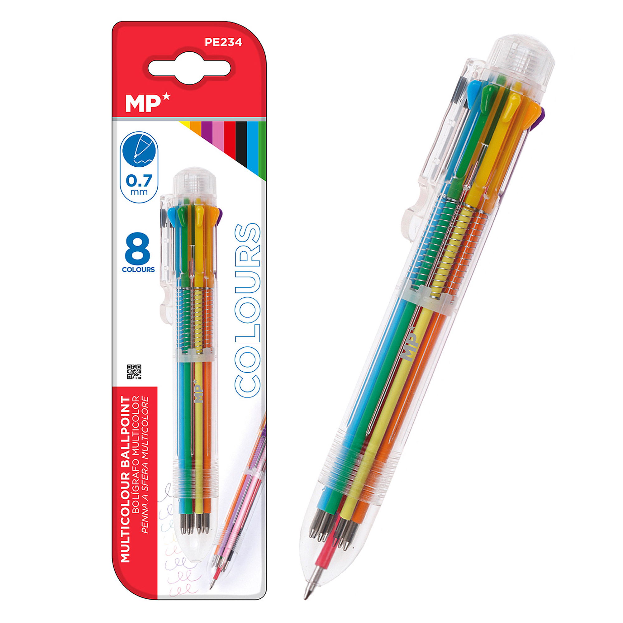 Una penna multicolore con otto diversi colori di inchiostro, mostrata aperta e chiusa con un'etichetta.