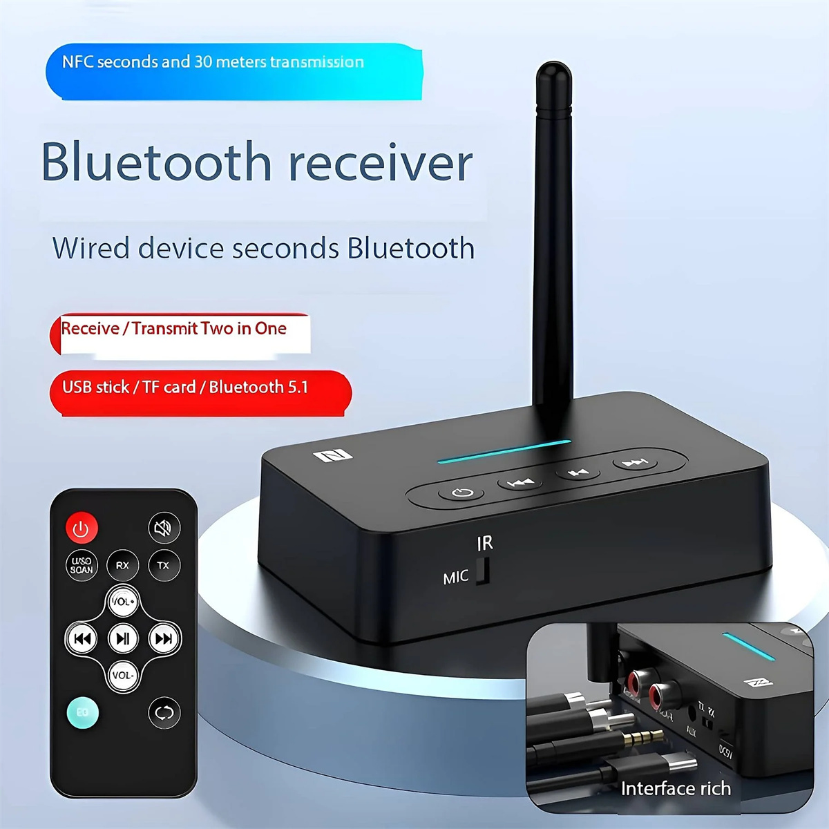 Ein schwarzer Bluetooth-Empfänger mit Fernbedienung. Enthält Anschlüsse und einen USB-Stick. Text beschreibt.