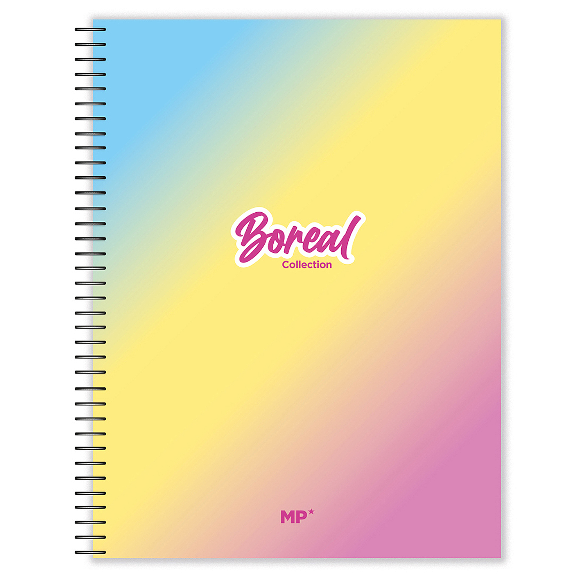 Spiralnotizbuch mit buntem Farbverlauf und "Boreal Collection" Aufkleber.