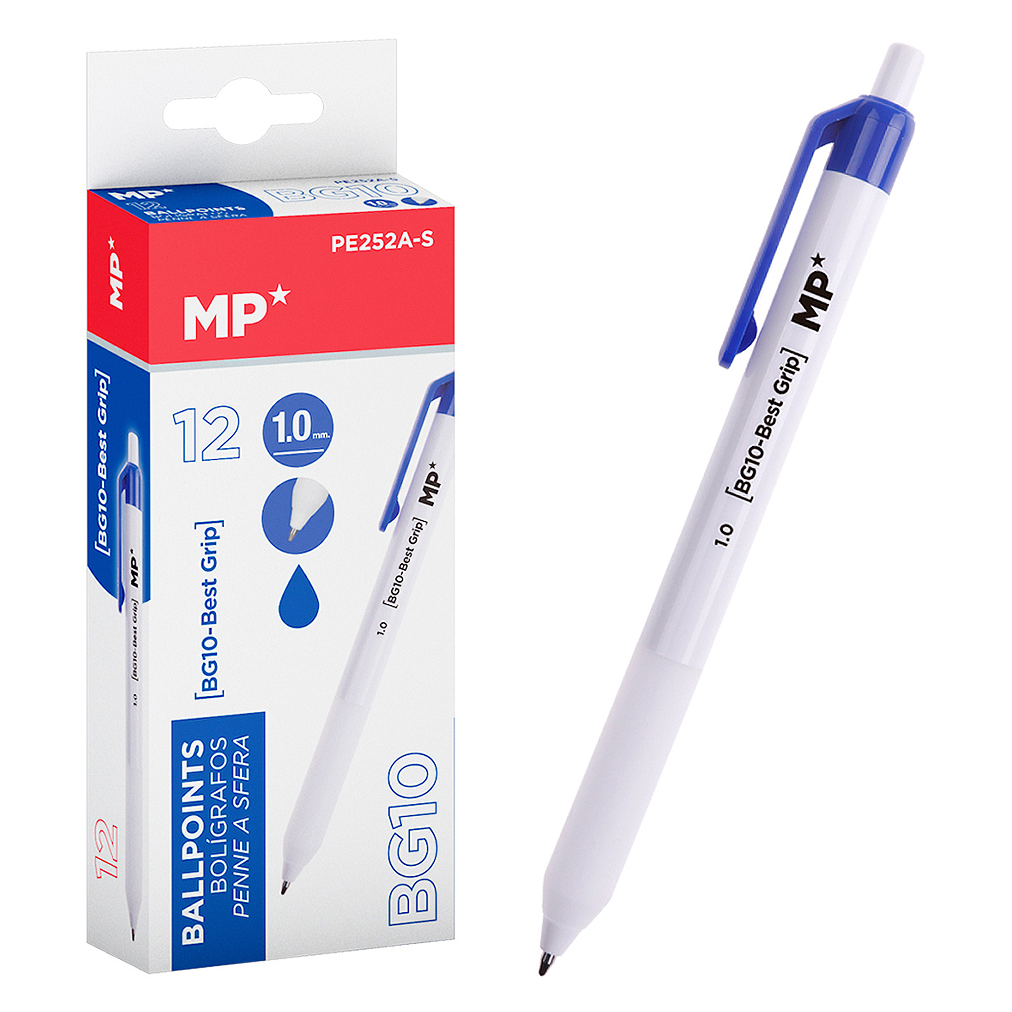 Penna a sfera bianca e blu con scatola. La scatola ha una scritta, la penna ha una clip blu. Entrambi su sfondo bianco.
