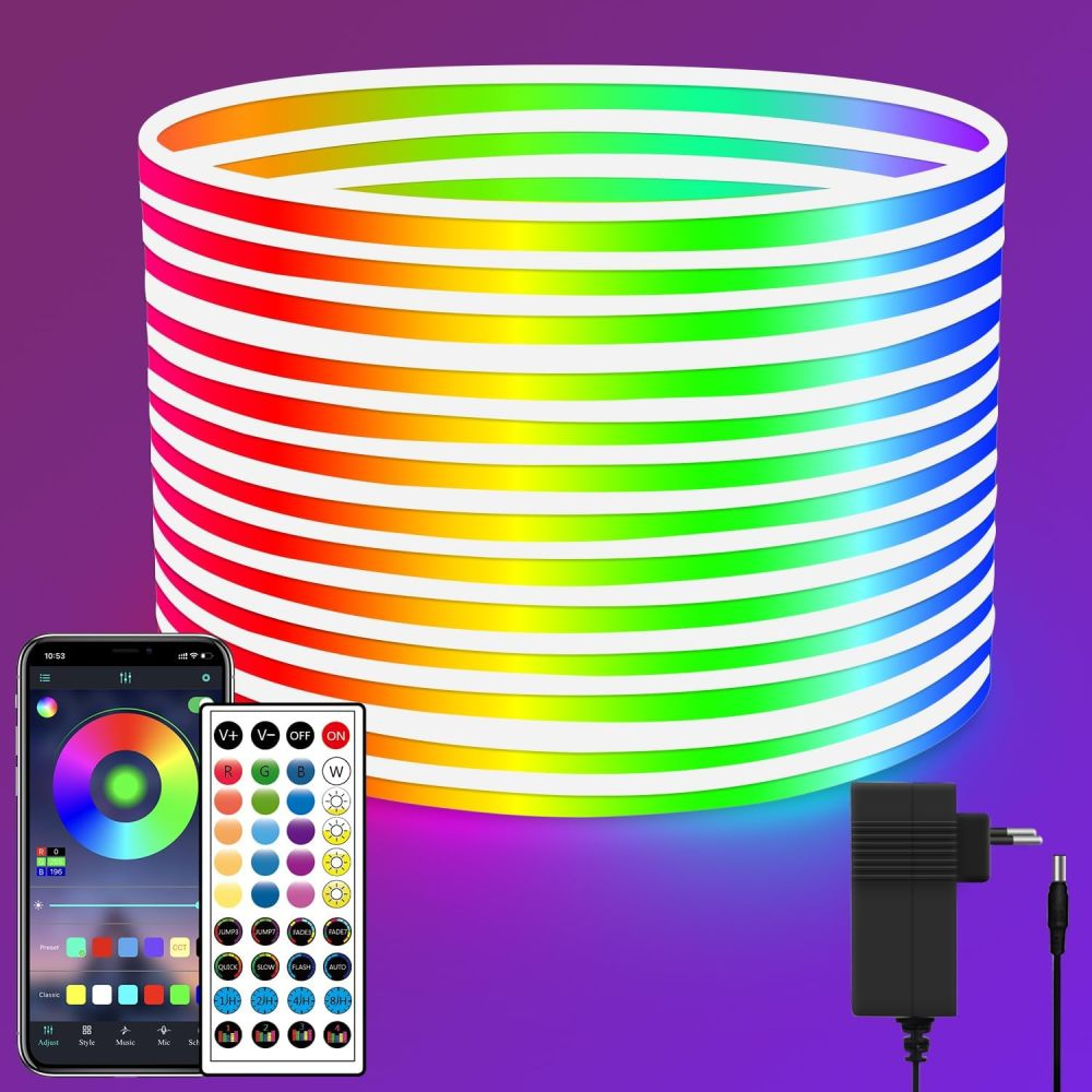 Ein Regenbogen-LED-Streifenlicht. Ein Telefon, das die App zeigt, und eine Fernbedienung sind ebenfalls sichtbar.