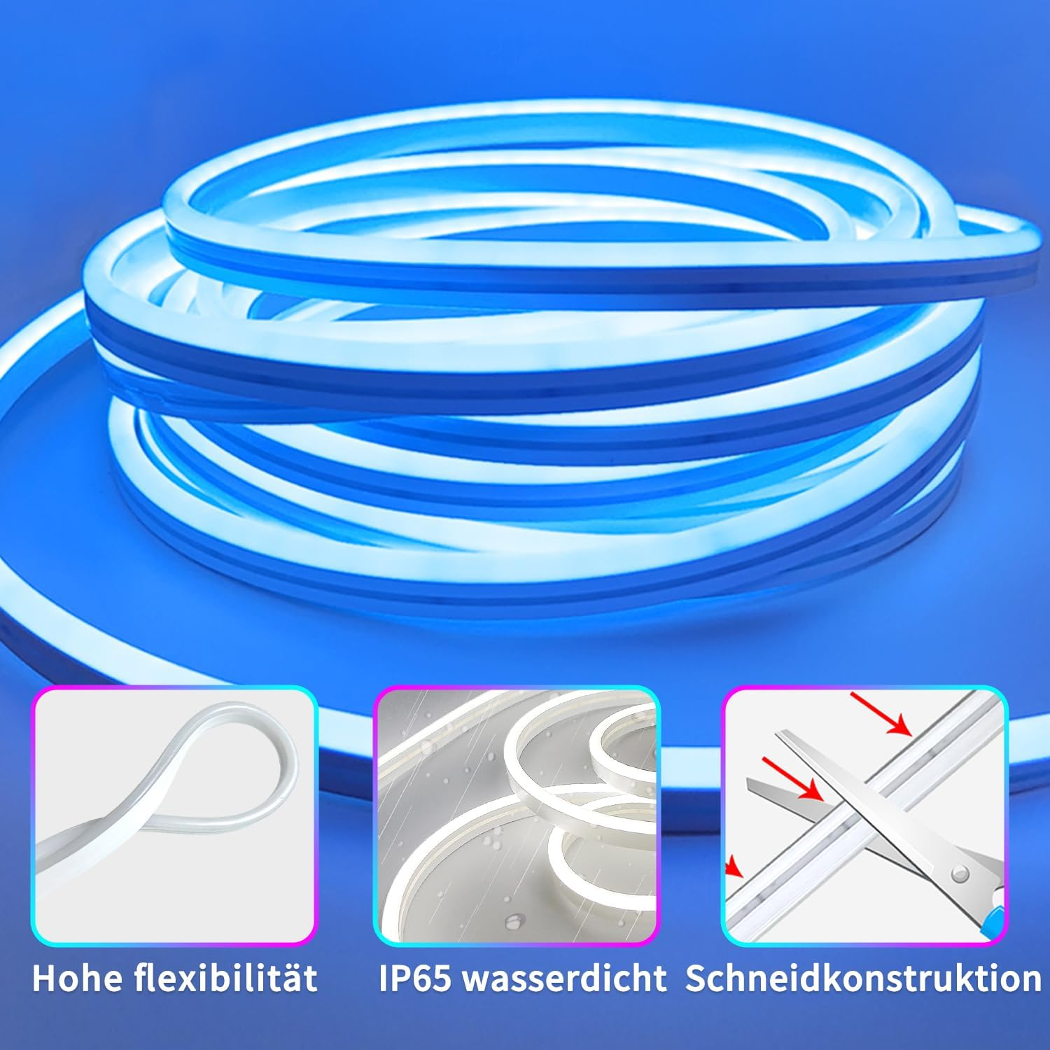 Blaue Neonröhre und Schnittlinien vor blauem Hintergrund. Text über wasserdichte Eigenschaften und Flexibilität.