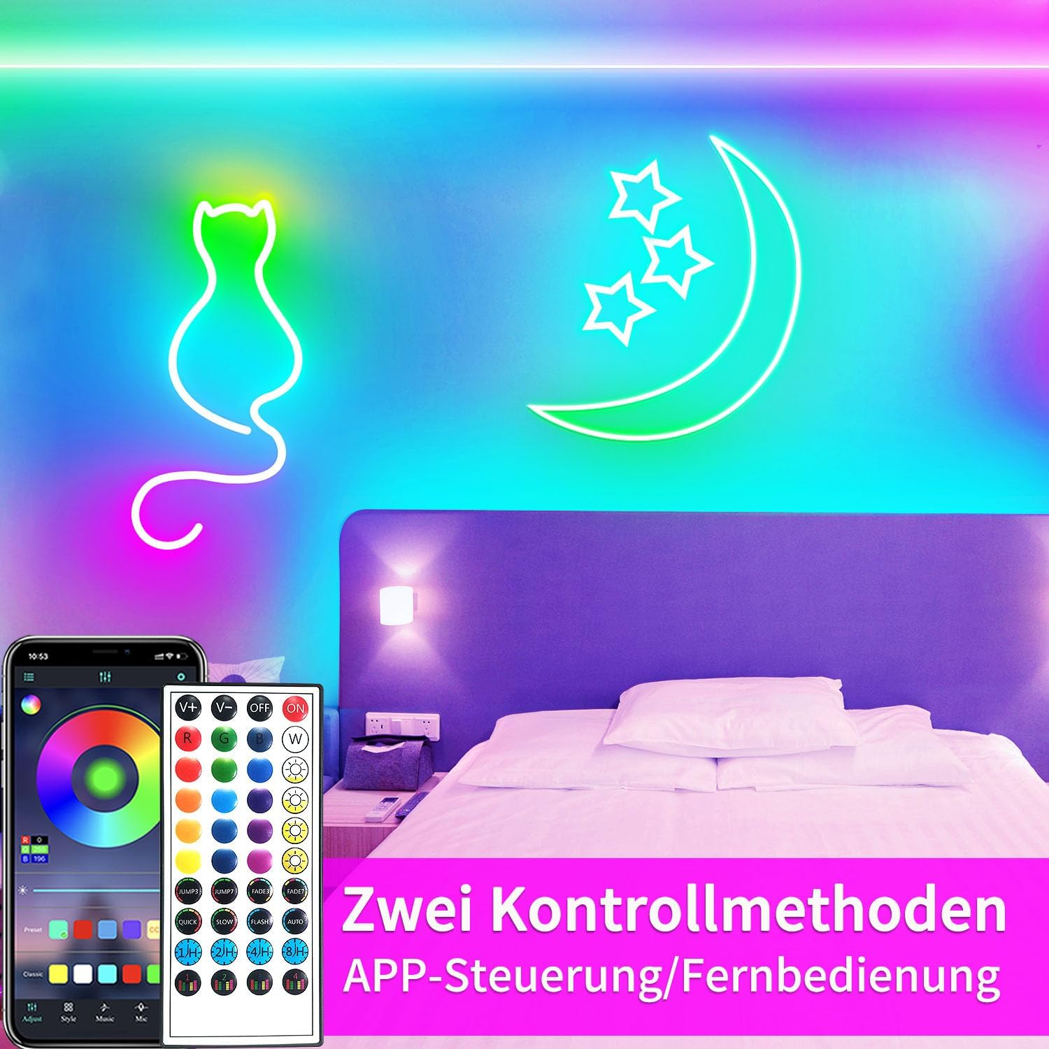 Ein Schlafzimmer mit einem Neon-Katzen- und Mond-Schild. Ein Telefon und eine Fernbedienung befinden sich auf einem Nachttisch. Text sagt 'Zwei Kontrollmethoden...'