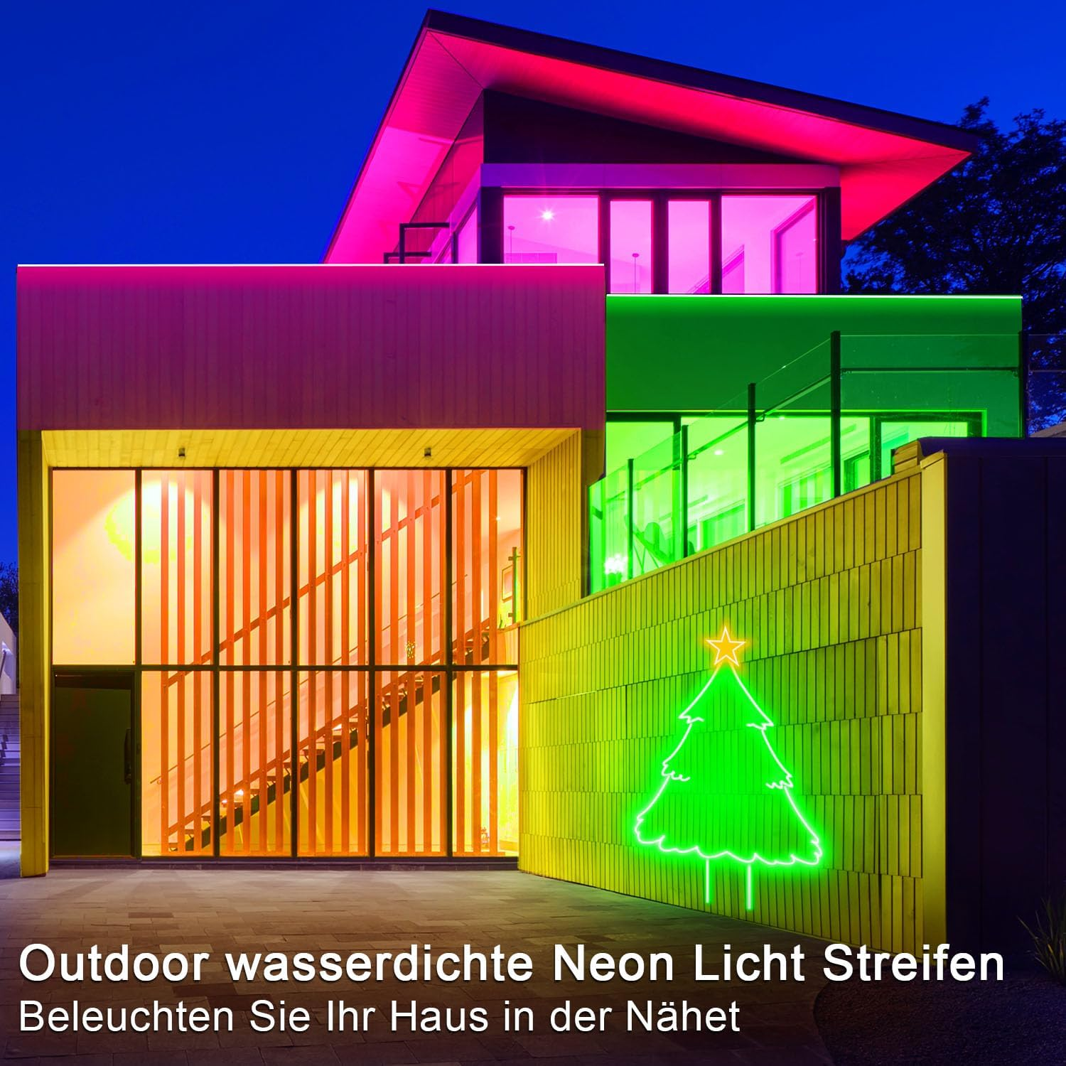 Haus mit Neon-Weihnachtsbaum. Grüne und pinkfarbene Neonlichter. Blauer Himmel im Hintergrund.