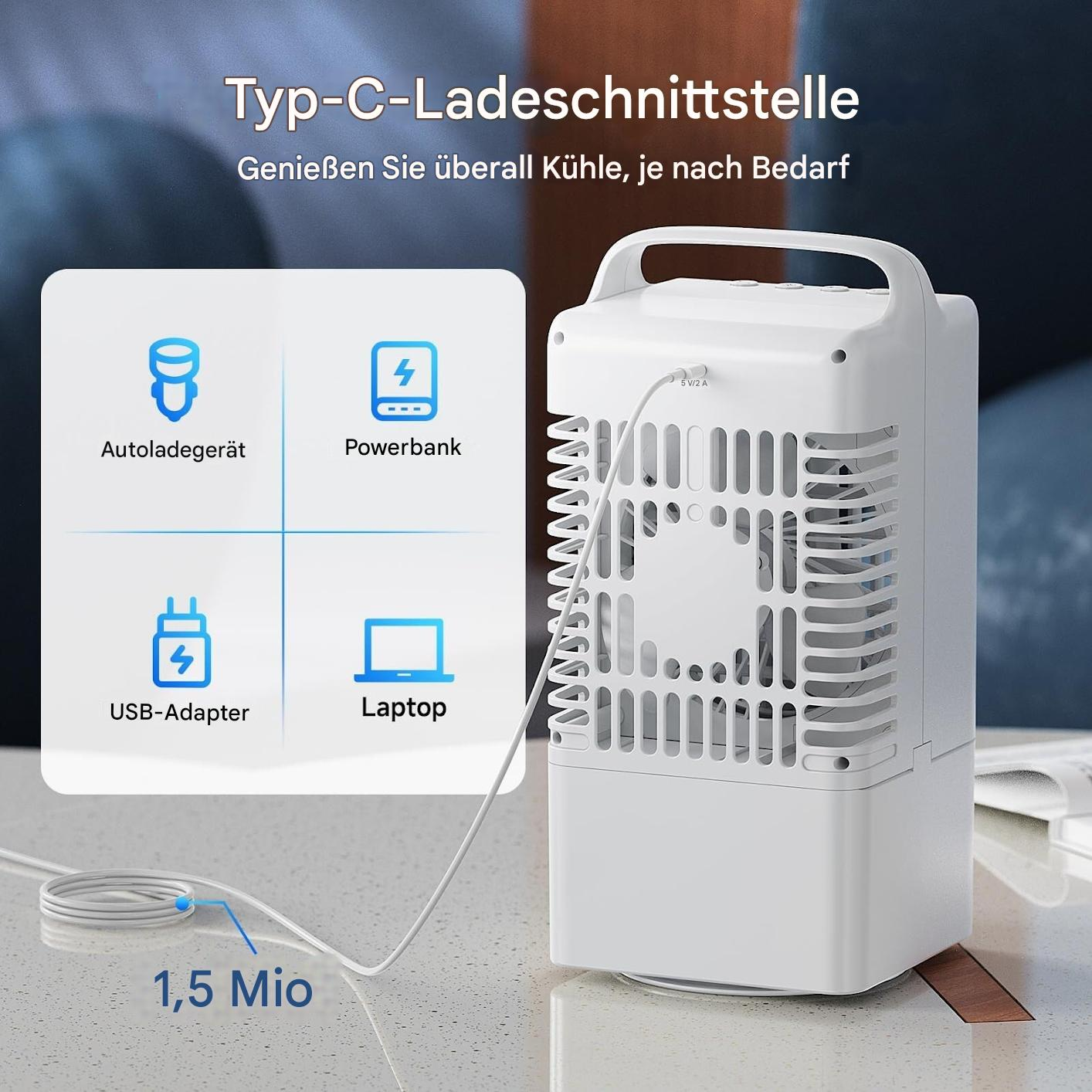 Ein weißer Luftkühler mit Griff und Ladeanschluss. Illustrationen zeigen mögliche Stromquellen.