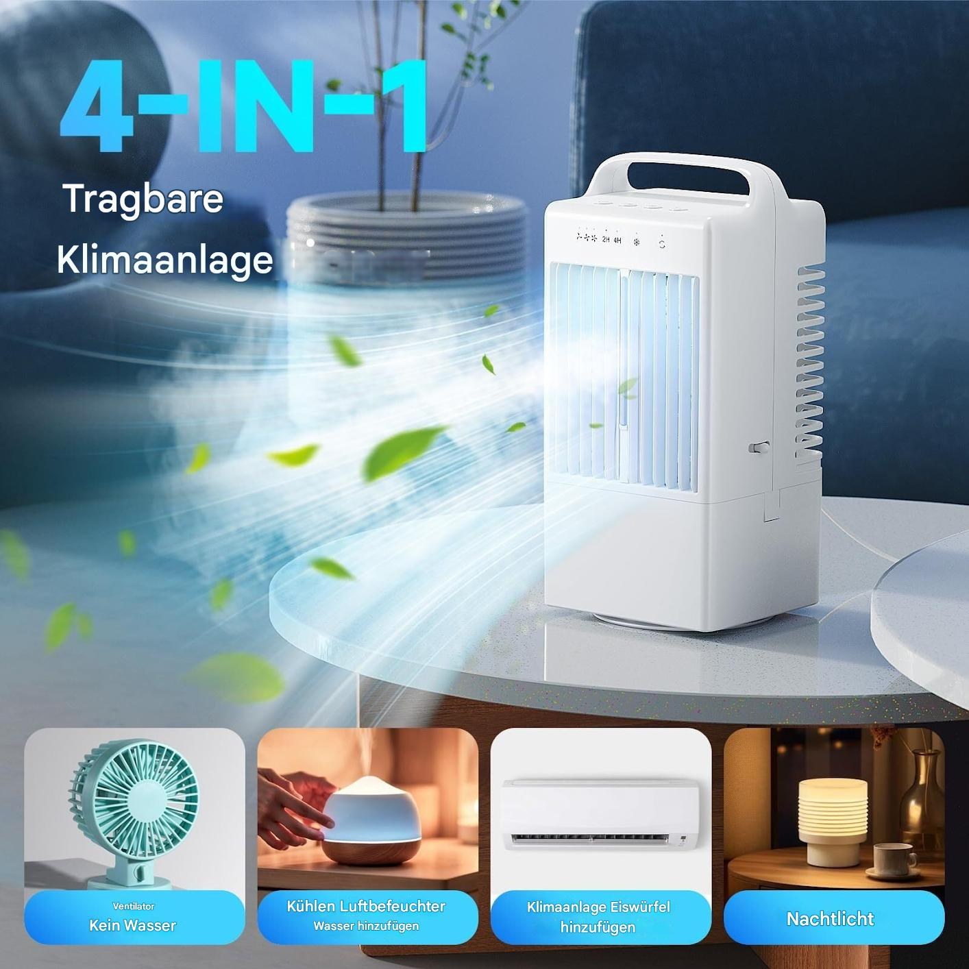 Ein weißer Luftkühler mit Griff. Illustrationen zeigen, dass er ein Ventilator, Luftbefeuchter, Klimaanlage und Nachtlicht sein kann.