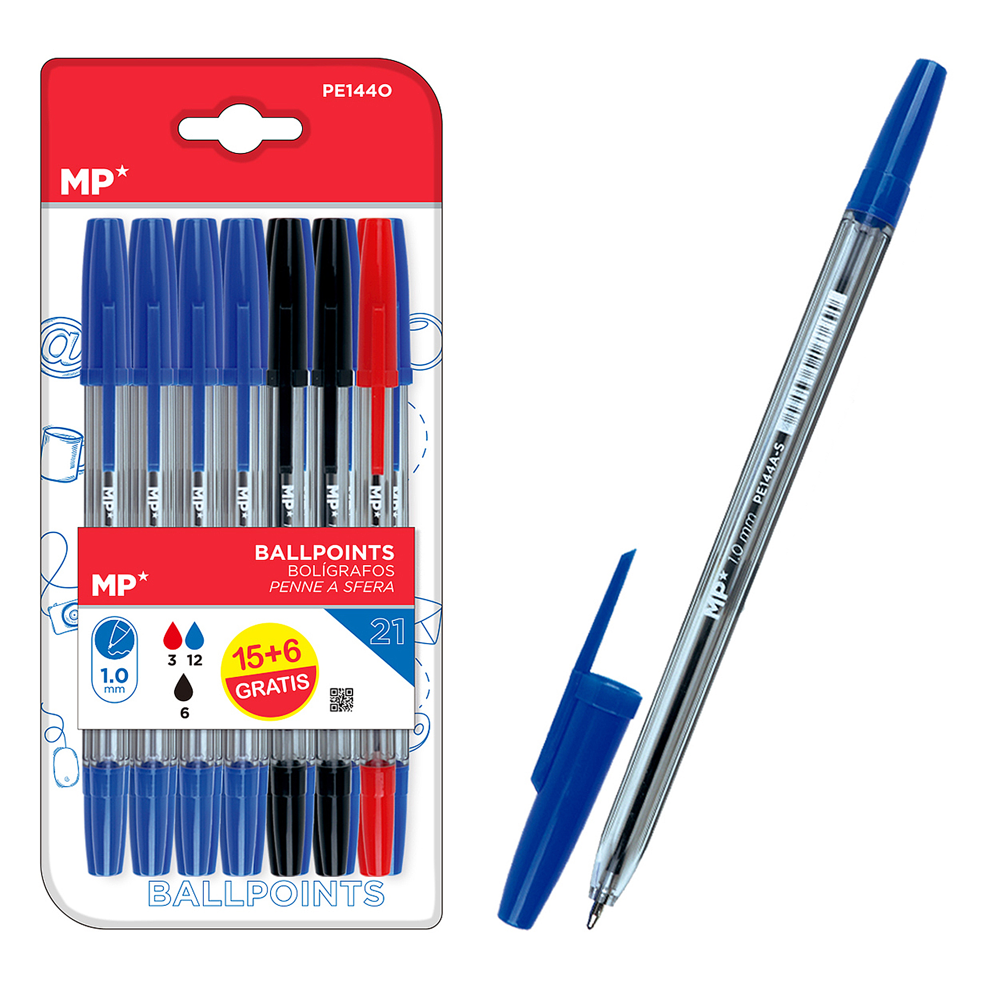 Confezione di penne a sfera e una penna a destra. La confezione ha 21 penne. La penna è blu.