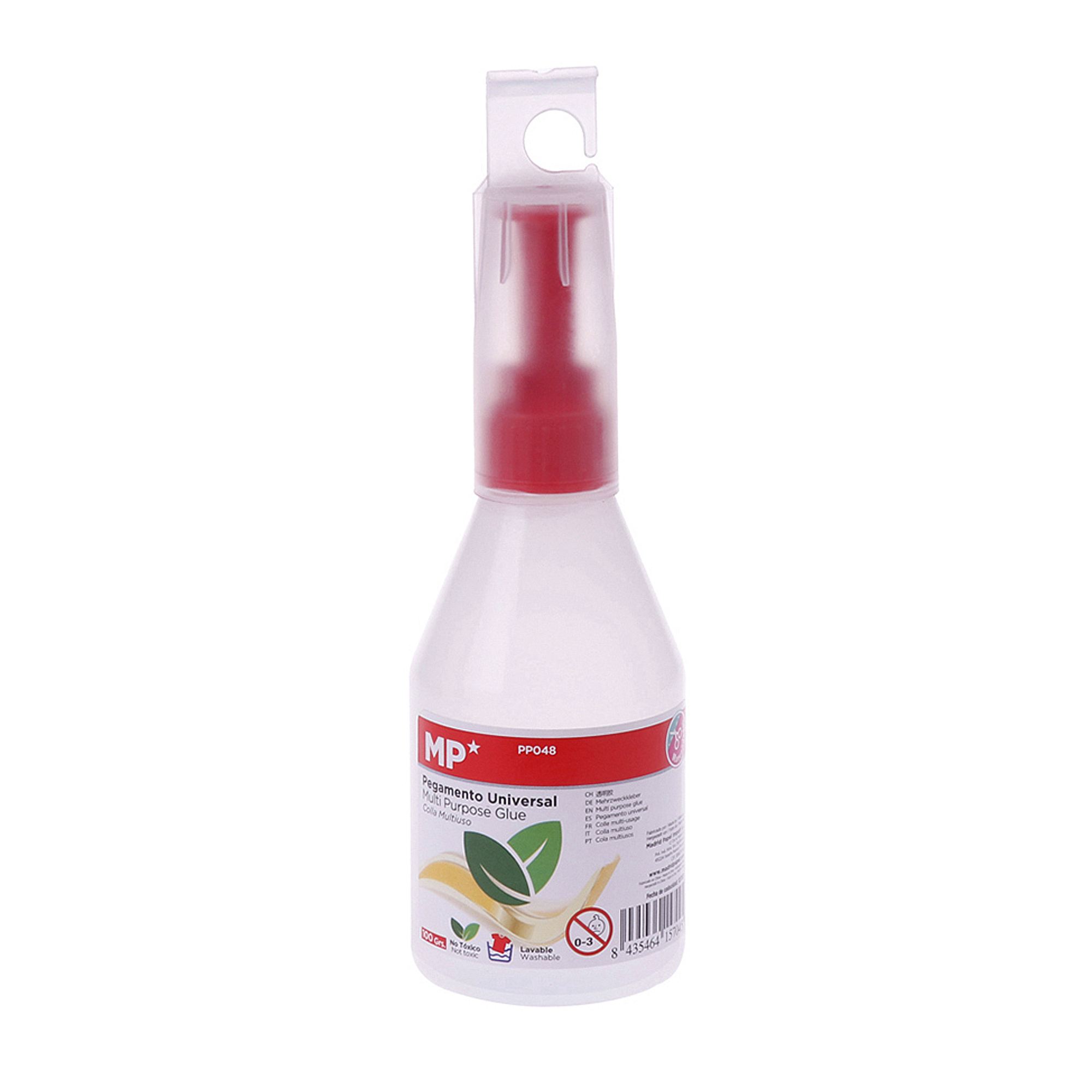 Weiße Flasche Universal-Kleber mit rotem Deckel. Es hat ein Etikett mit Text in mehreren Sprachen.