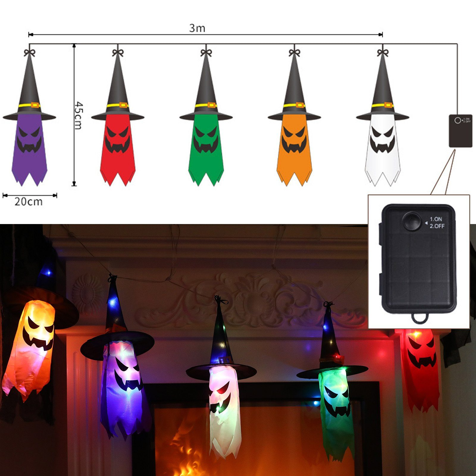 Fünf Halloween-Geisterdekorationen mit Hexenhüten, an einer Schnur hängend. Fernbedienung sichtbar.