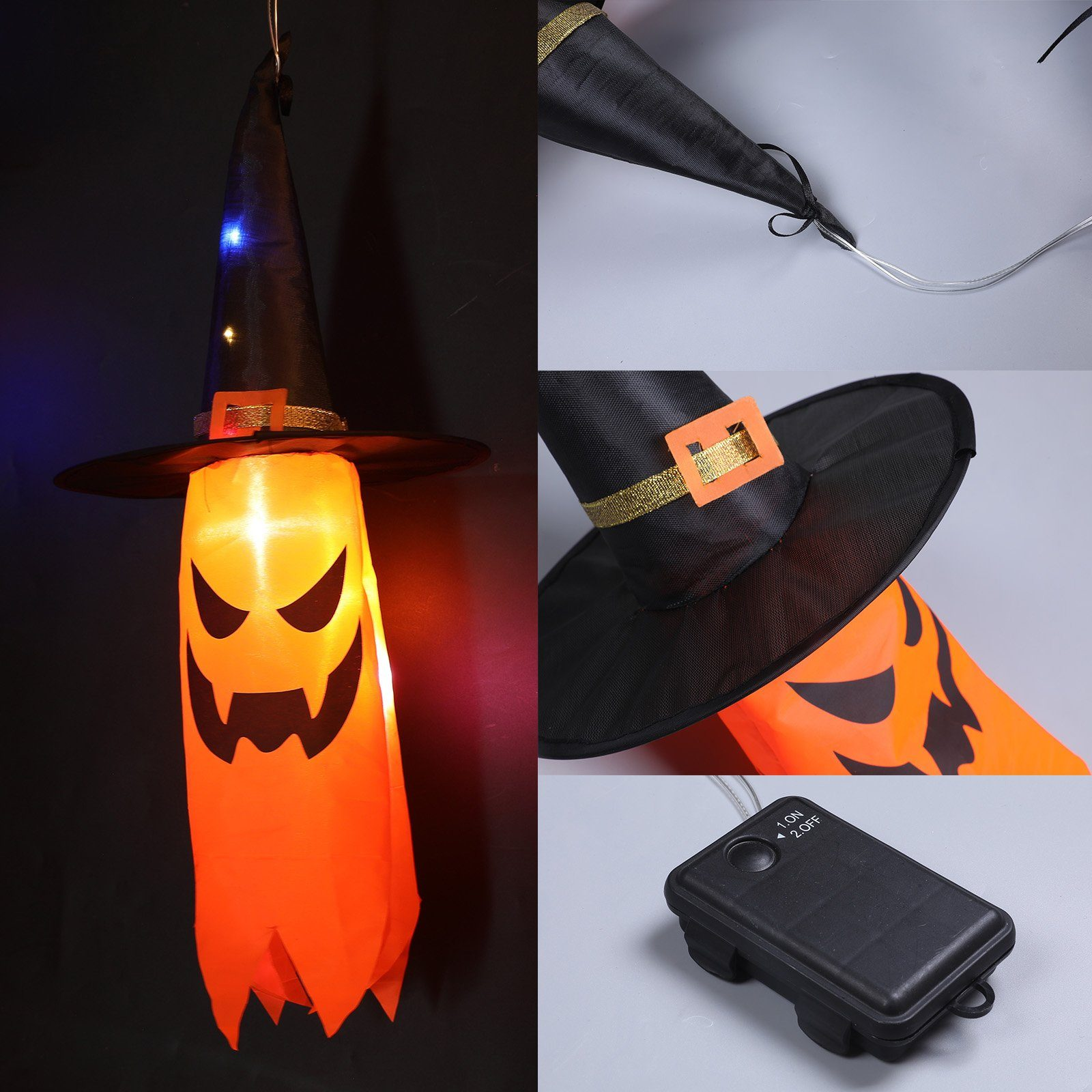 Eine Halloween-Dekoration, ein hängender Geist mit Hexenhut. Er ist von innen beleuchtet und zeigt eine orange Farbe.