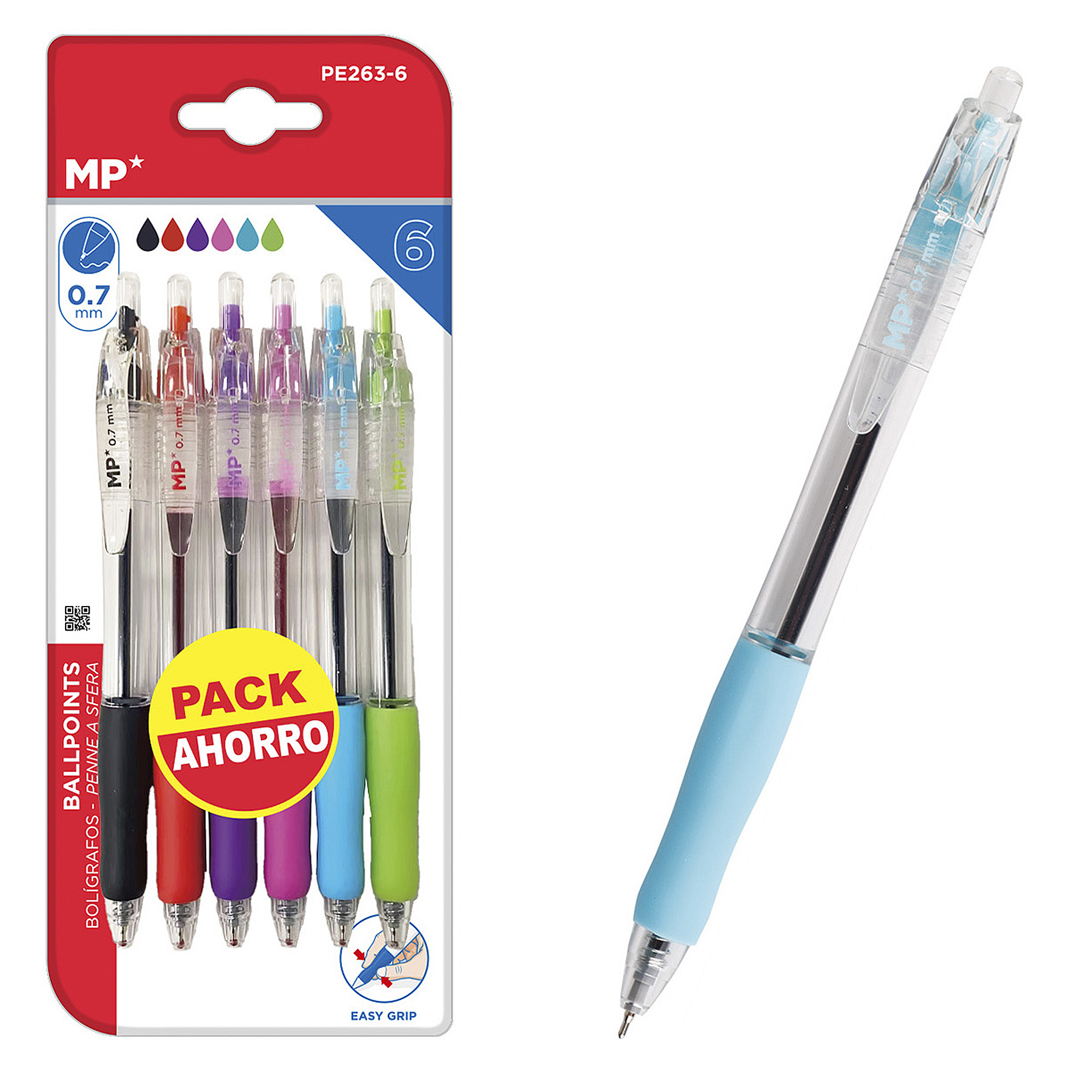 Confezione da sei penne colorate con fusti trasparenti e una singola penna. La confezione dice "Pack Ahorro".