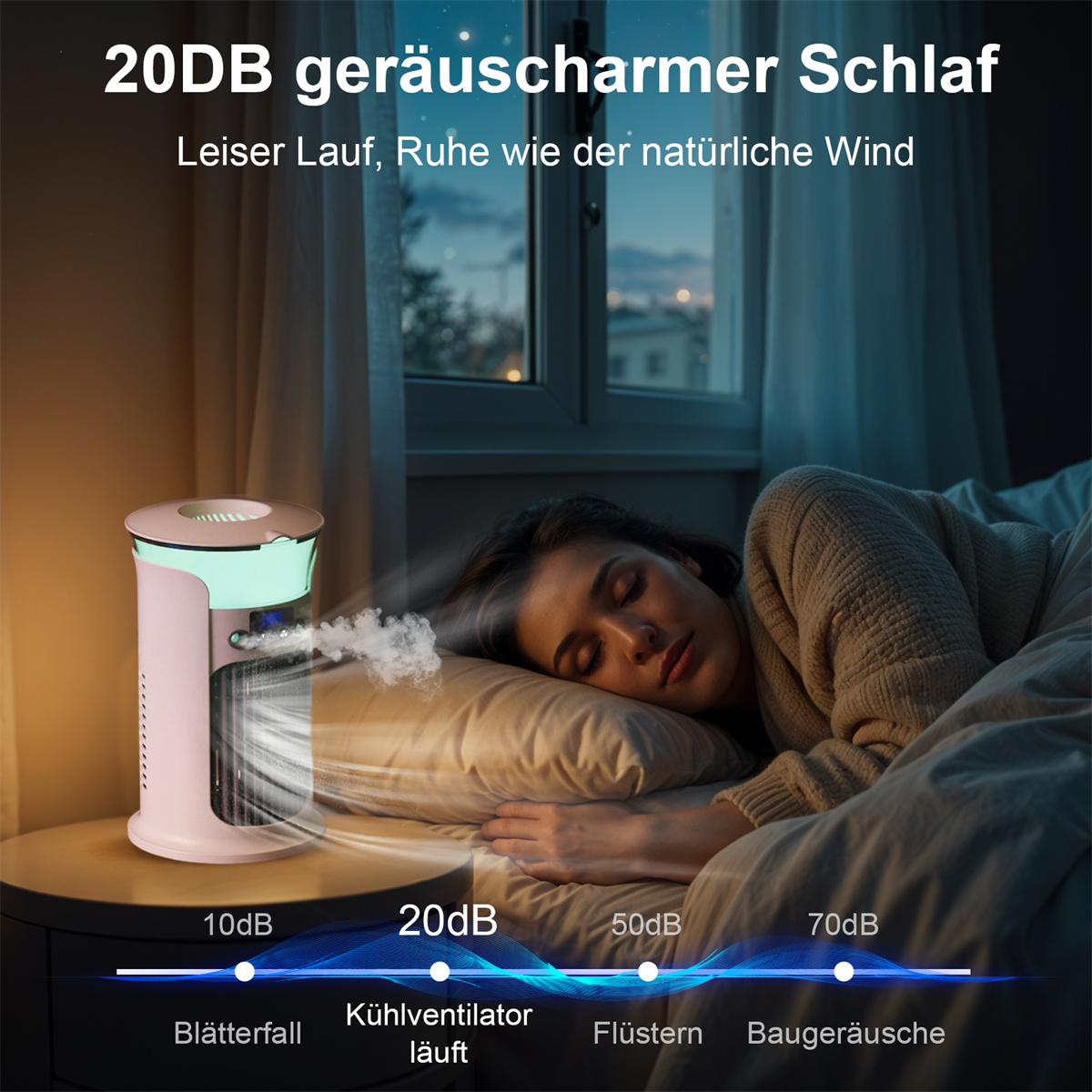 Eine schlafende Frau neben einem rosa Luftkühler mit Digitalanzeige und Geräuschpegel-Diagramm.