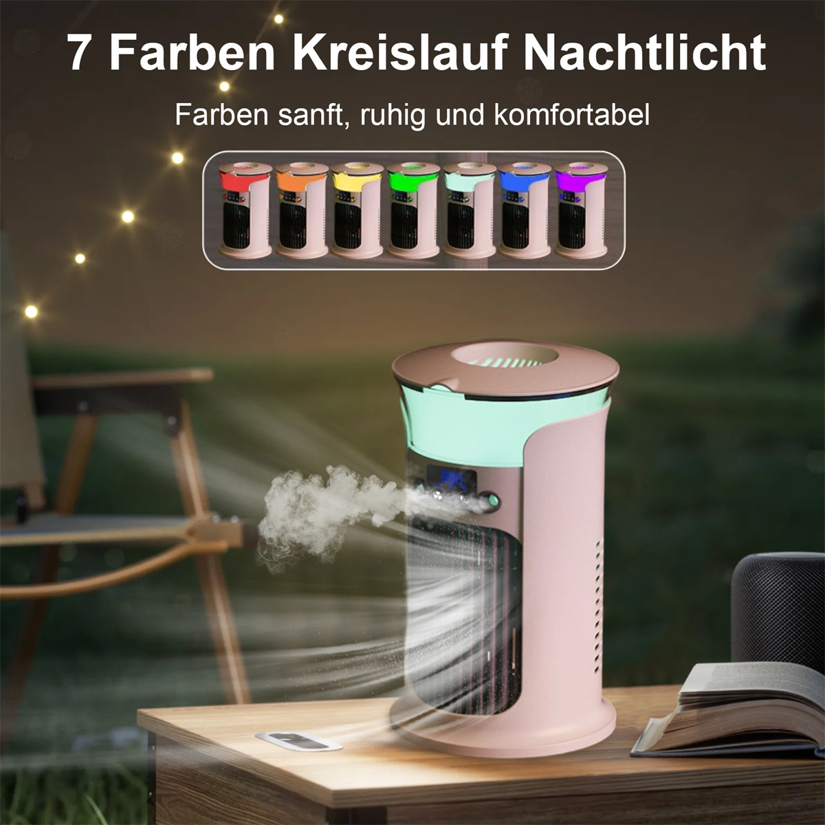 Ein Luftkühler mit sieben farbigen Lichtern. Er steht auf einem Holztisch mit einem Buch und einem Lautsprecher daneben.