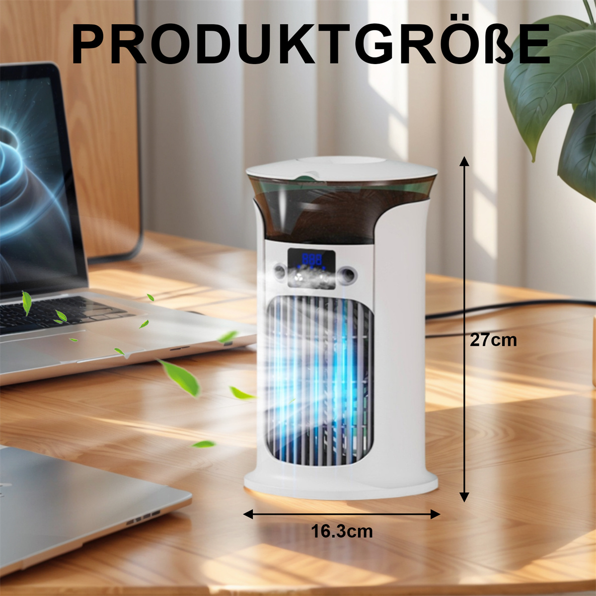 Ein weißer und blauer Luftkühler mit Abmessungen und digitaler Anzeige. Er hat einen Ventilator vorne.