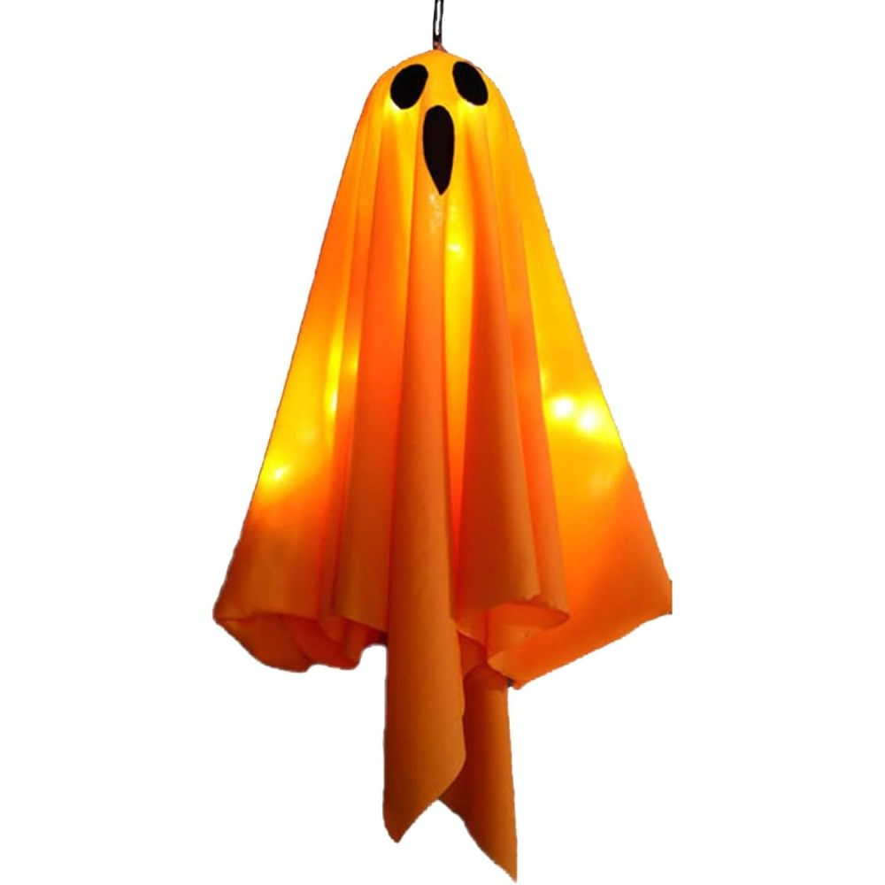Eine Halloween-Geisterdekoration, orangefarben und von innen beleuchtet. Es hat ein Gesicht mit drei schwarzen Löchern.