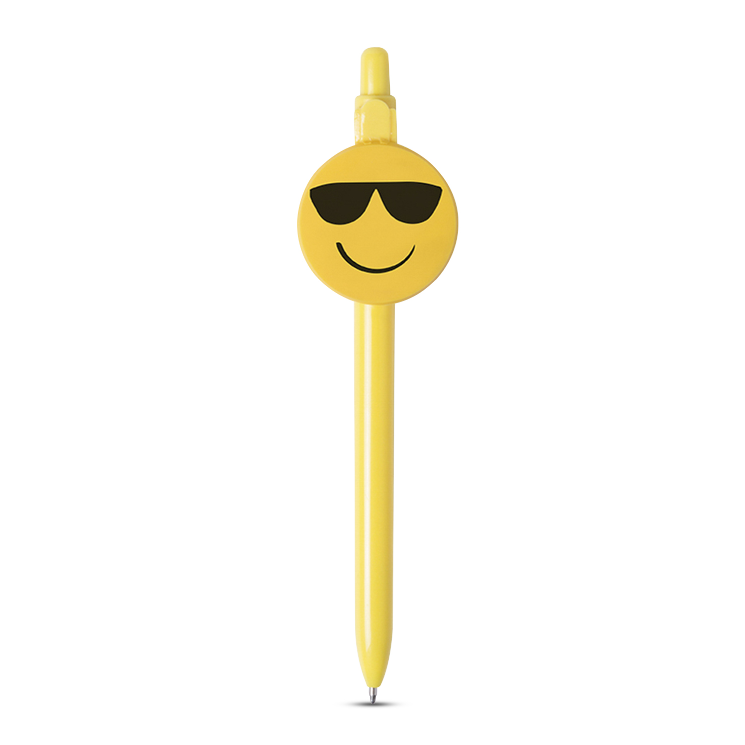 Un bolígrafo amarillo con un emoji de gafas de sol en la parte superior y punta de tinta negra.