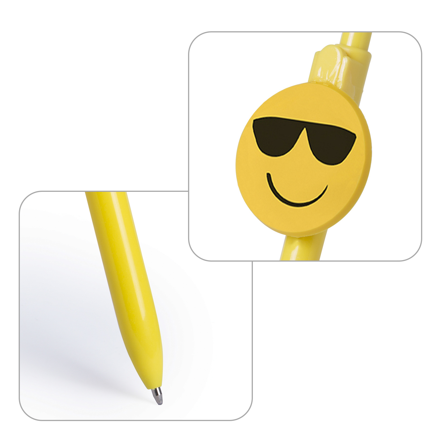 Primeros planos de un bolígrafo amarillo con una cara emoji, mostrando la punta y una cara detallada.