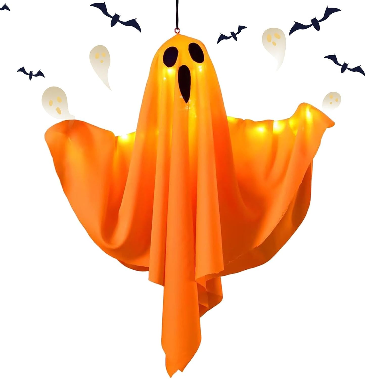 Eine Halloween-Dekoration eines orangefarbenen Geistes mit Fledermäusen und Geistern im Hintergrund.