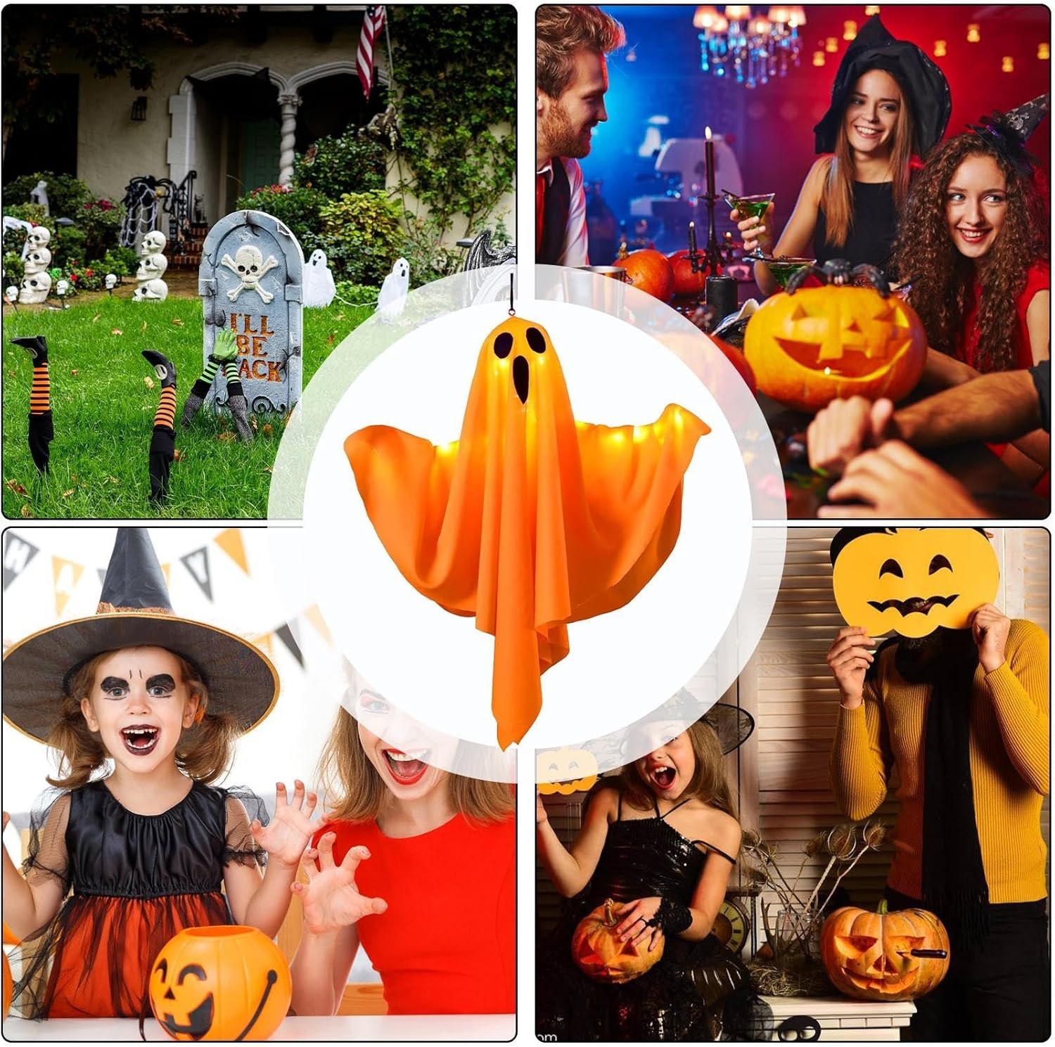 Collage von Halloween-Szenen. Geister, Kürbisse, Kinder in Kostümen und Menschen auf einer Party. Außen- und Innenaufnahmen.