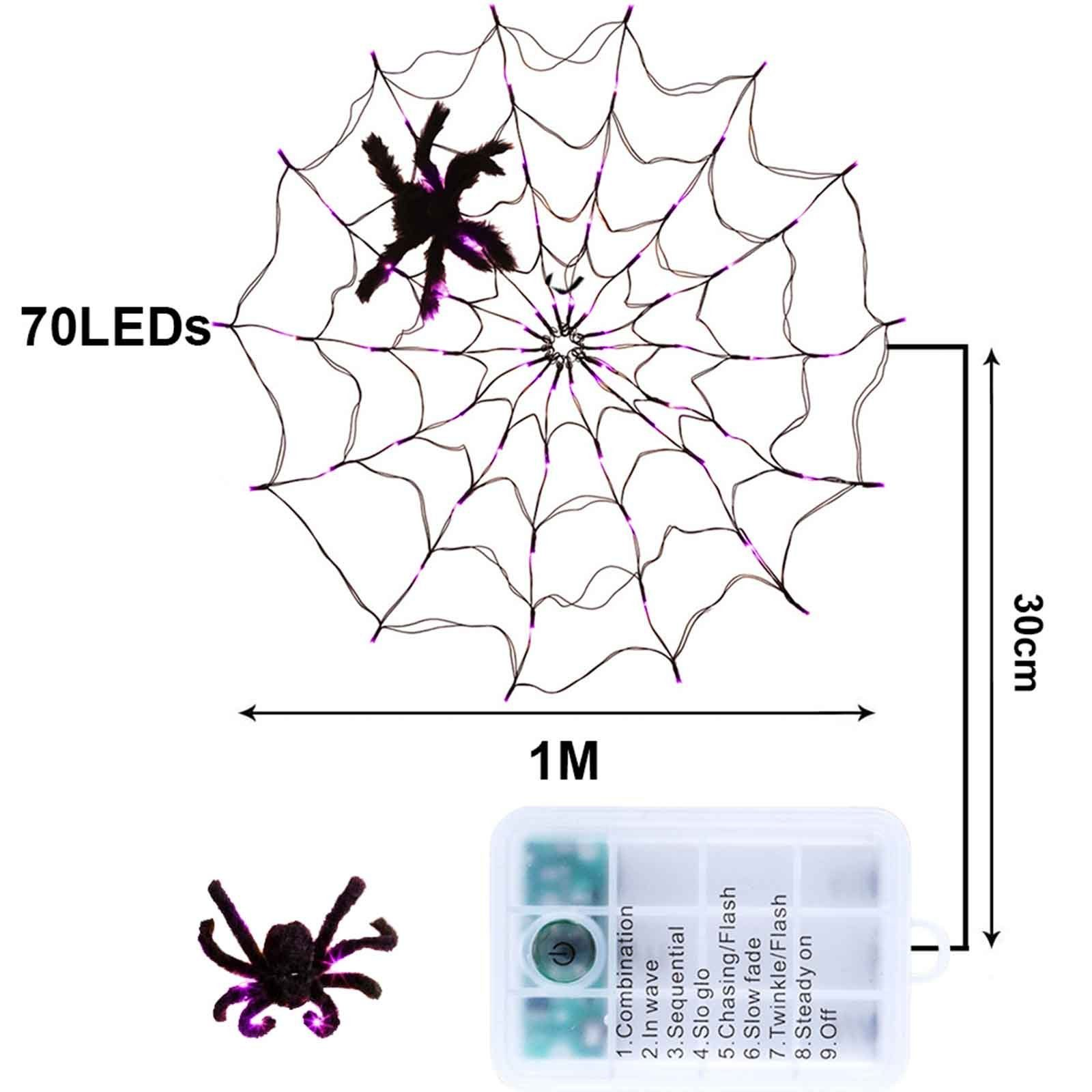 Eine Spinnennetz-Dekoration mit schwarzer Spinne und Text, der 70 LEDs und Maße angibt.
