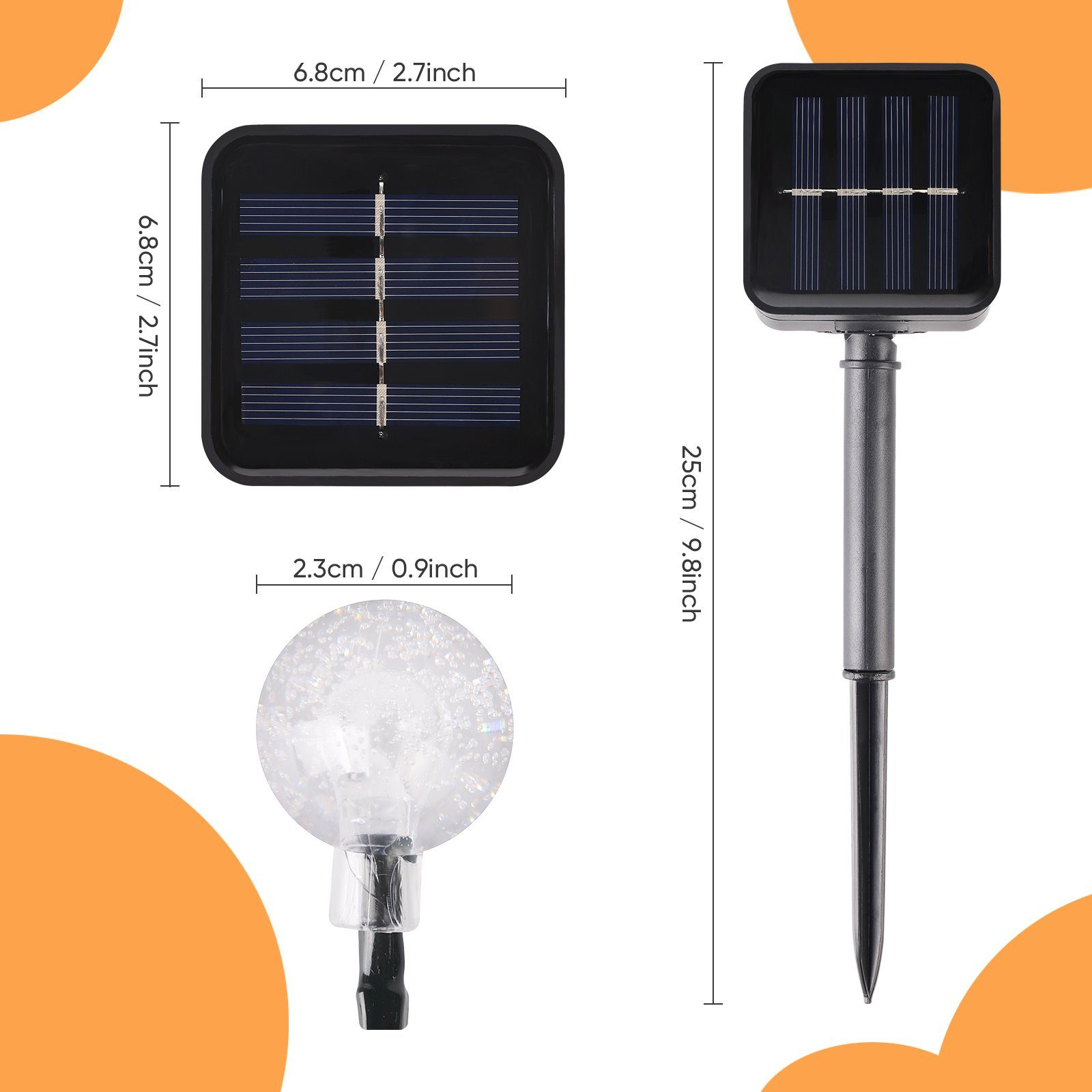 Solarbetriebene Gartenleuchten. Oberteil mit Solarpanel, das Licht und der Stab.