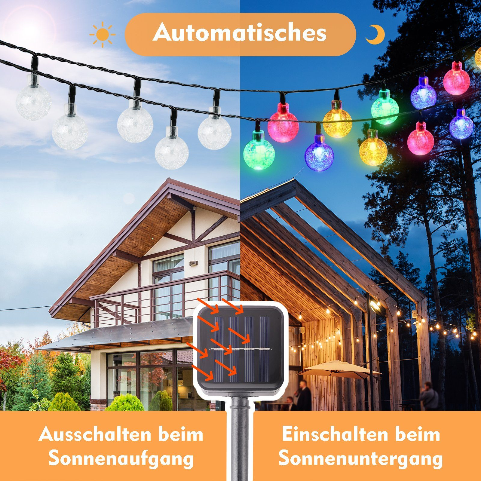 Solarbetriebene Lichterkette. Die Hälfte des Bildes zeigt Lichter in der Nacht, die andere Hälfte tagsüber mit Solarpanel.