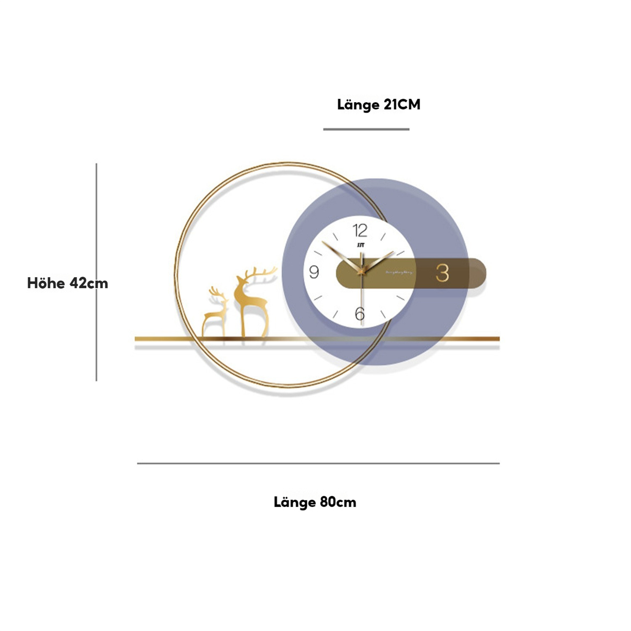 Diagramm einer Uhr mit Höhen- und Längenmaßen. Die Uhr hat einen goldenen Kreis und Hirsche.