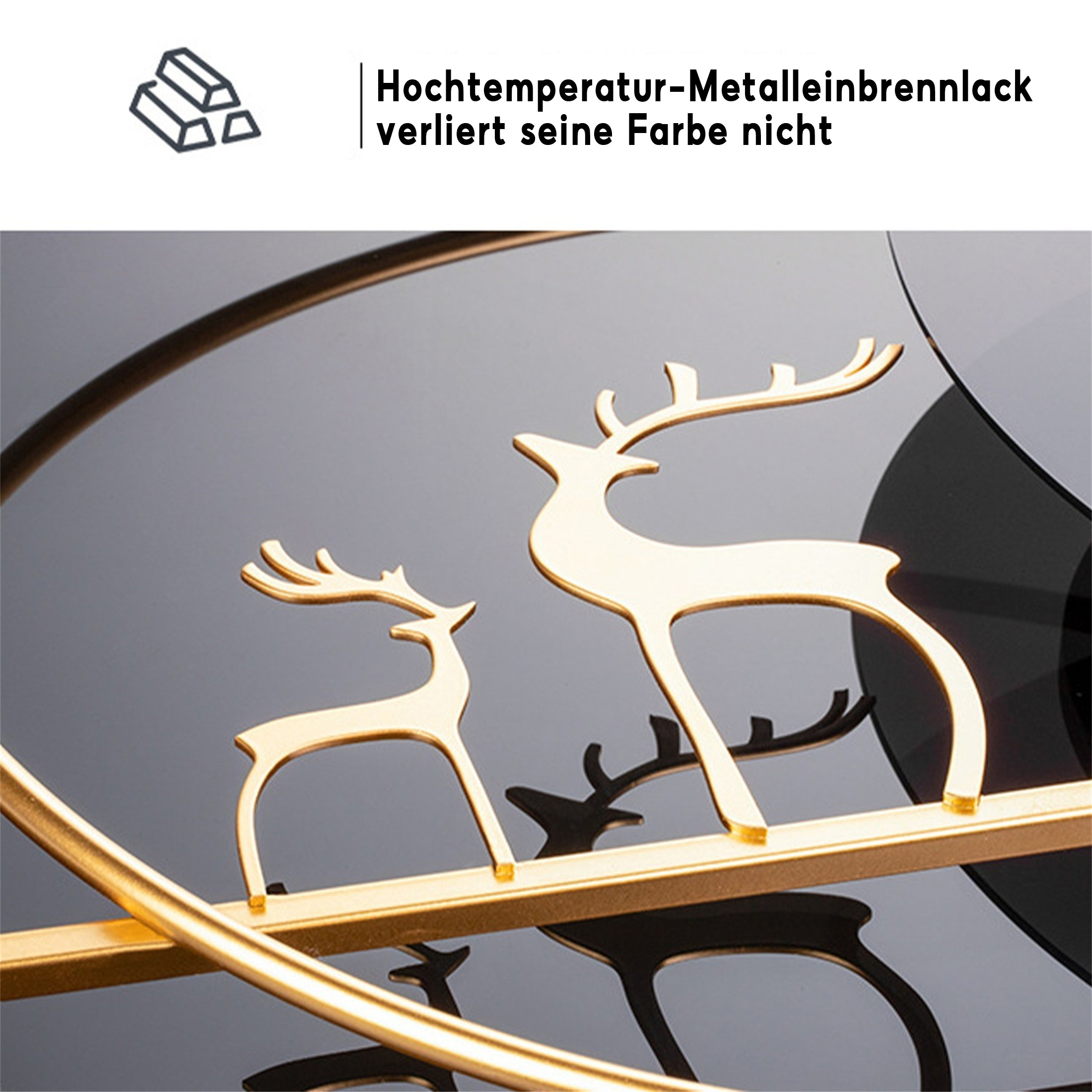 Goldene Hirschsilhouetten auf schwarzem Untergrund. Dekoratives Stück mit goldenem Rahmen. Nahaufnahme.