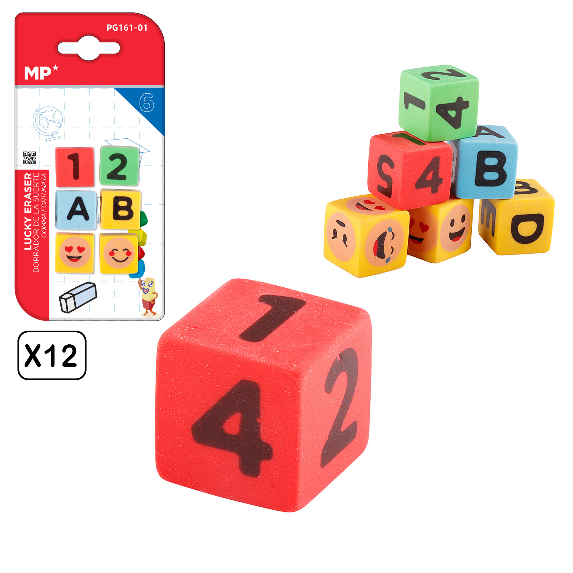 Sei gomme a forma di cubo con numeri, emoji e un pacco da sei. Un cubo rosso più grande con '4' e '2'.