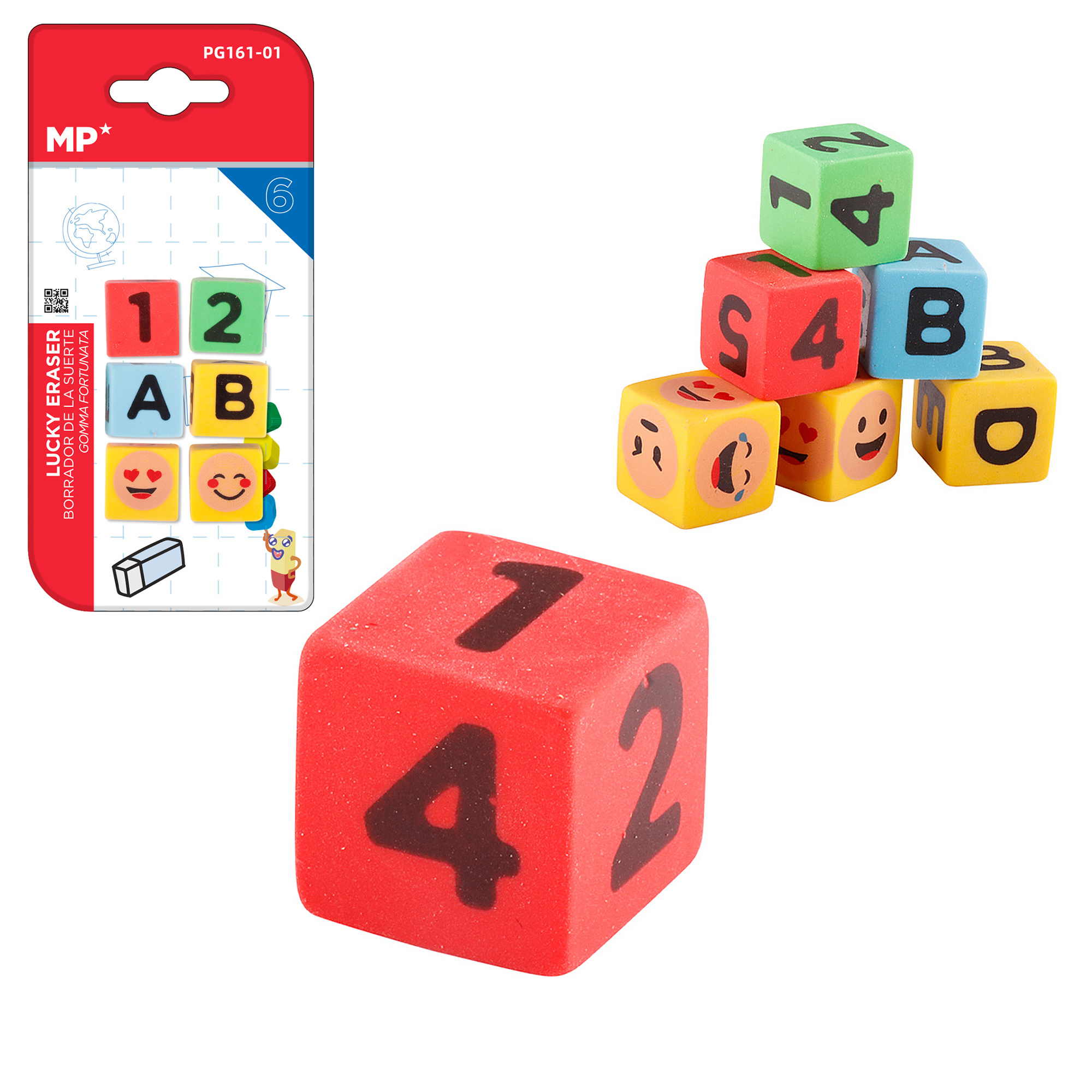 Sei gomme a forma di cubo con numeri, emoji e un pacco da sei. Un cubo rosso più grande con '4' e '2'.