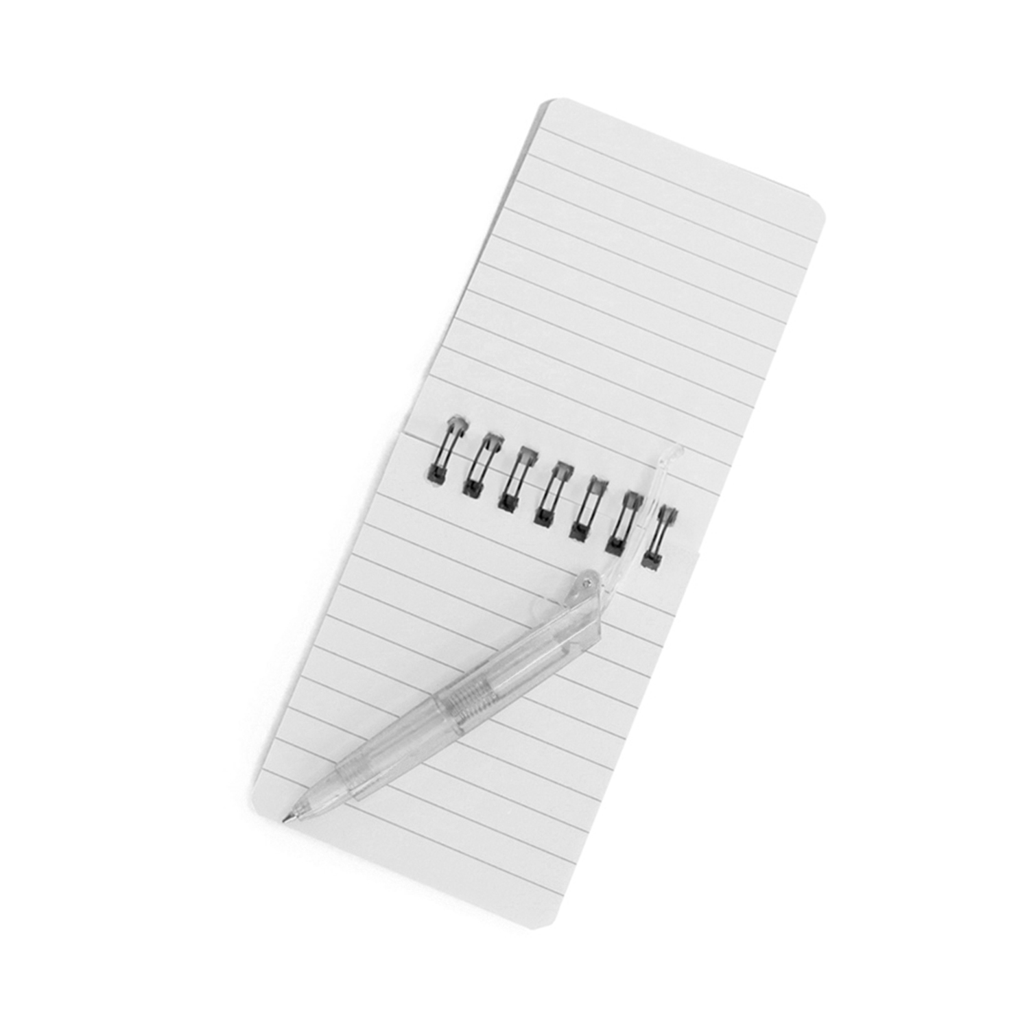 Ein weißer Notizblock mit liniertem Papier und einem durchsichtigen Stift. Er liegt auf einer weißen Oberfläche.