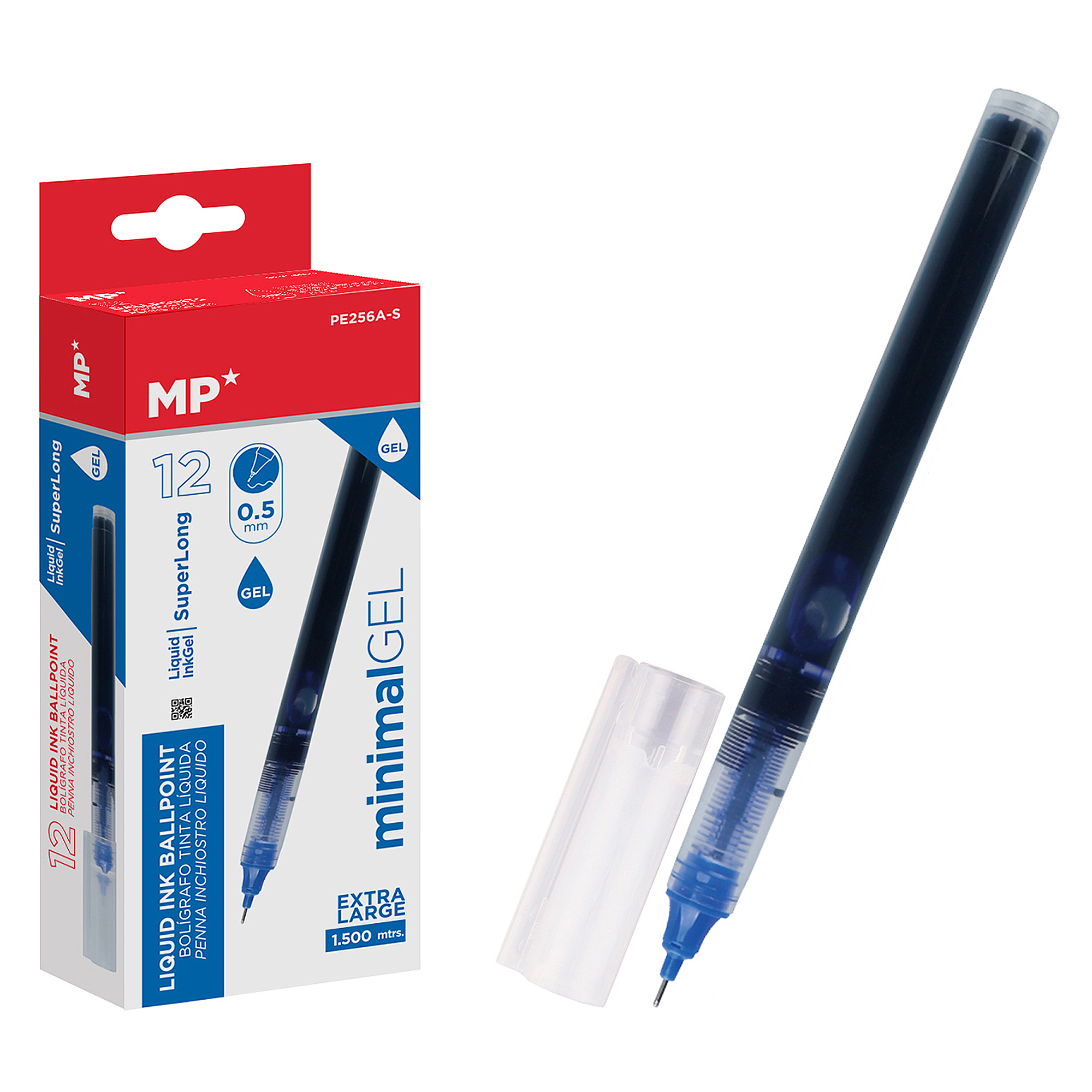 Una penna a gel blu con cappuccio trasparente e una confezione da 12. La confezione è rossa.