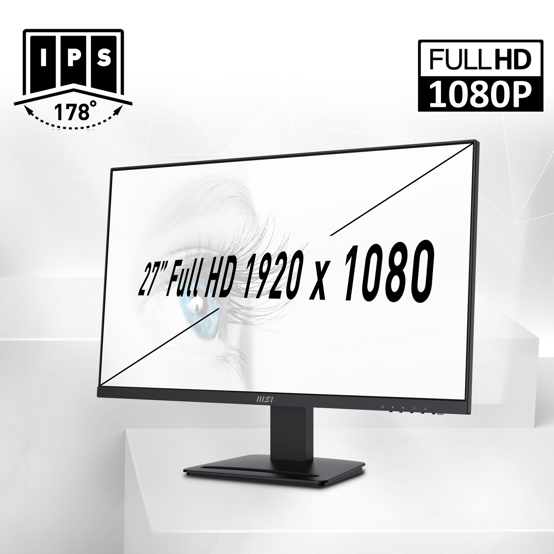 Computermonitor mit Text '27" Full HD 1920 x 1080' und einem IPS-Logo.